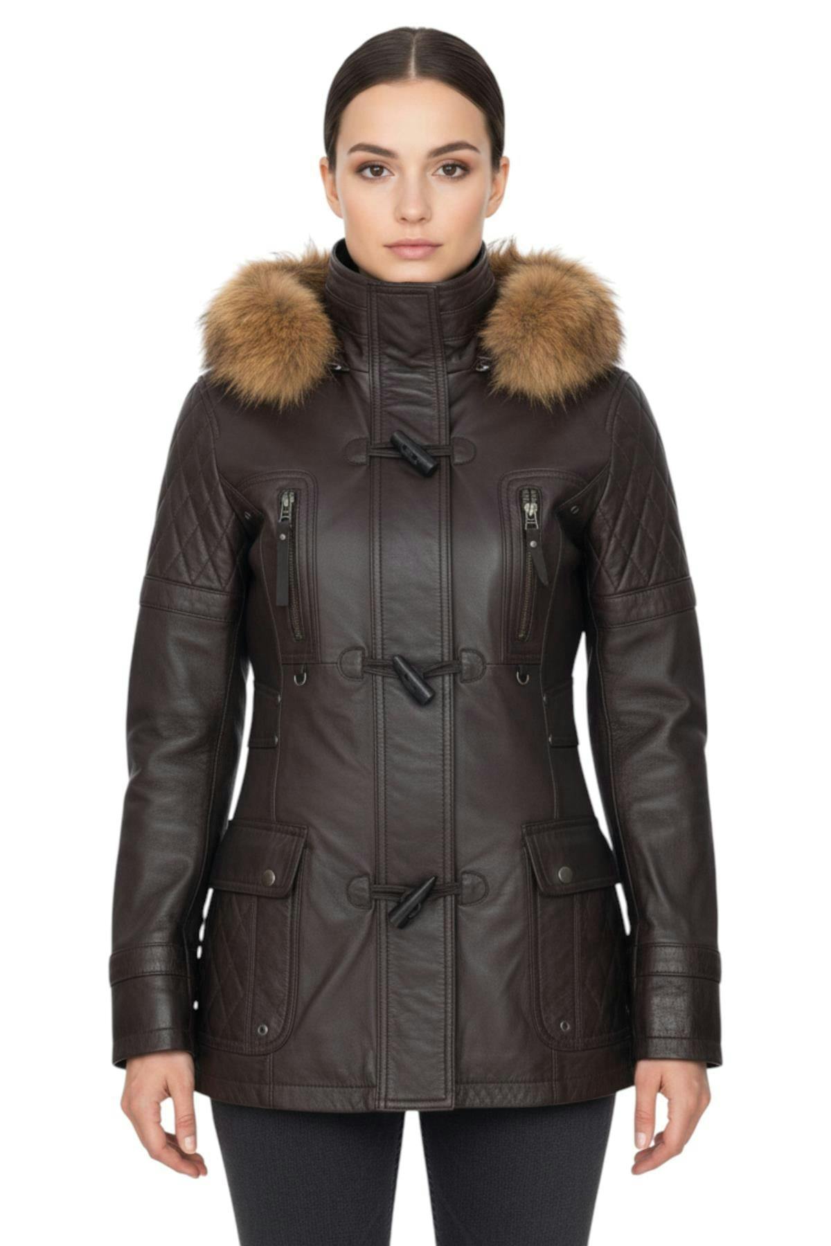 Infinity Leather Women's Brown Quilted Leather Parka Jacket-Brussels - Uk 4XL/22 | Eu 48 | Us 18