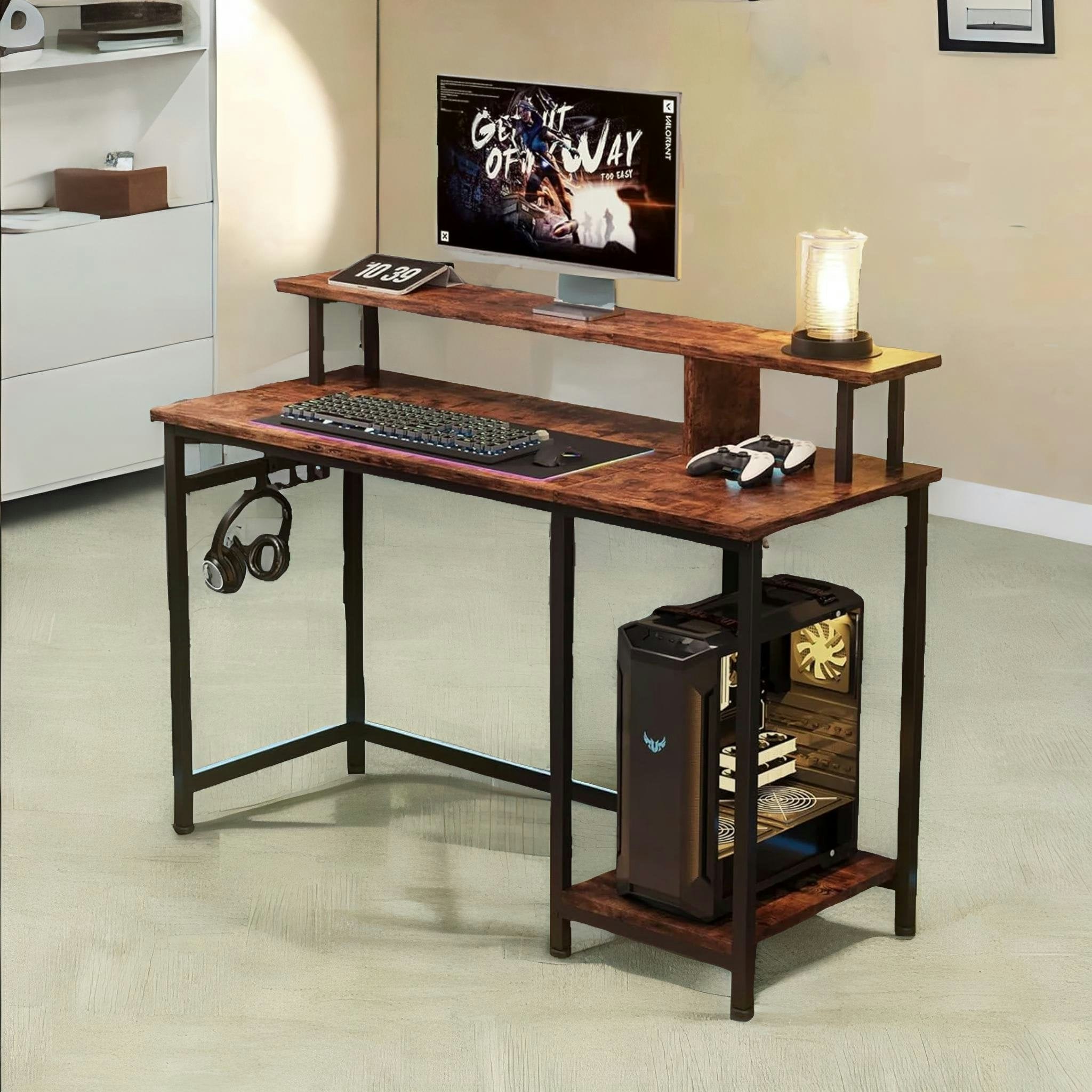 Rafaelo Mobilia Brown Industrial 107Cm Computer Desk With Monitor Stand And Shelves Rustic