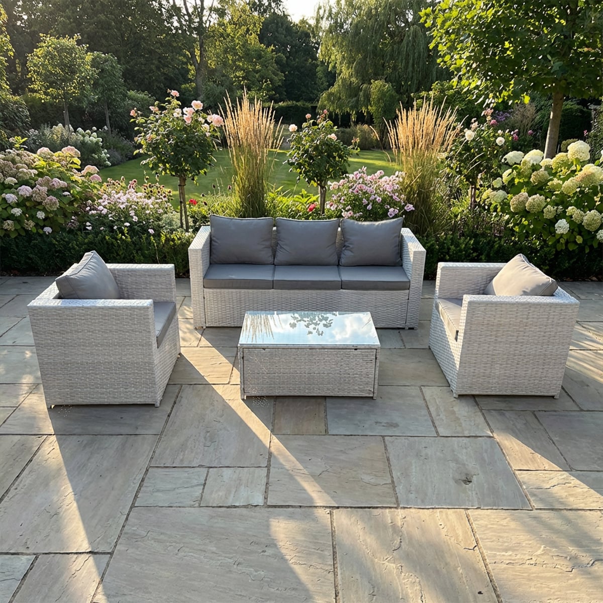 Rackhams Light/Grey 5 Seater Rattan Garden Furniture Set With 3 Seater Sofa, 2 Chairs, Rectangular Coffee Table