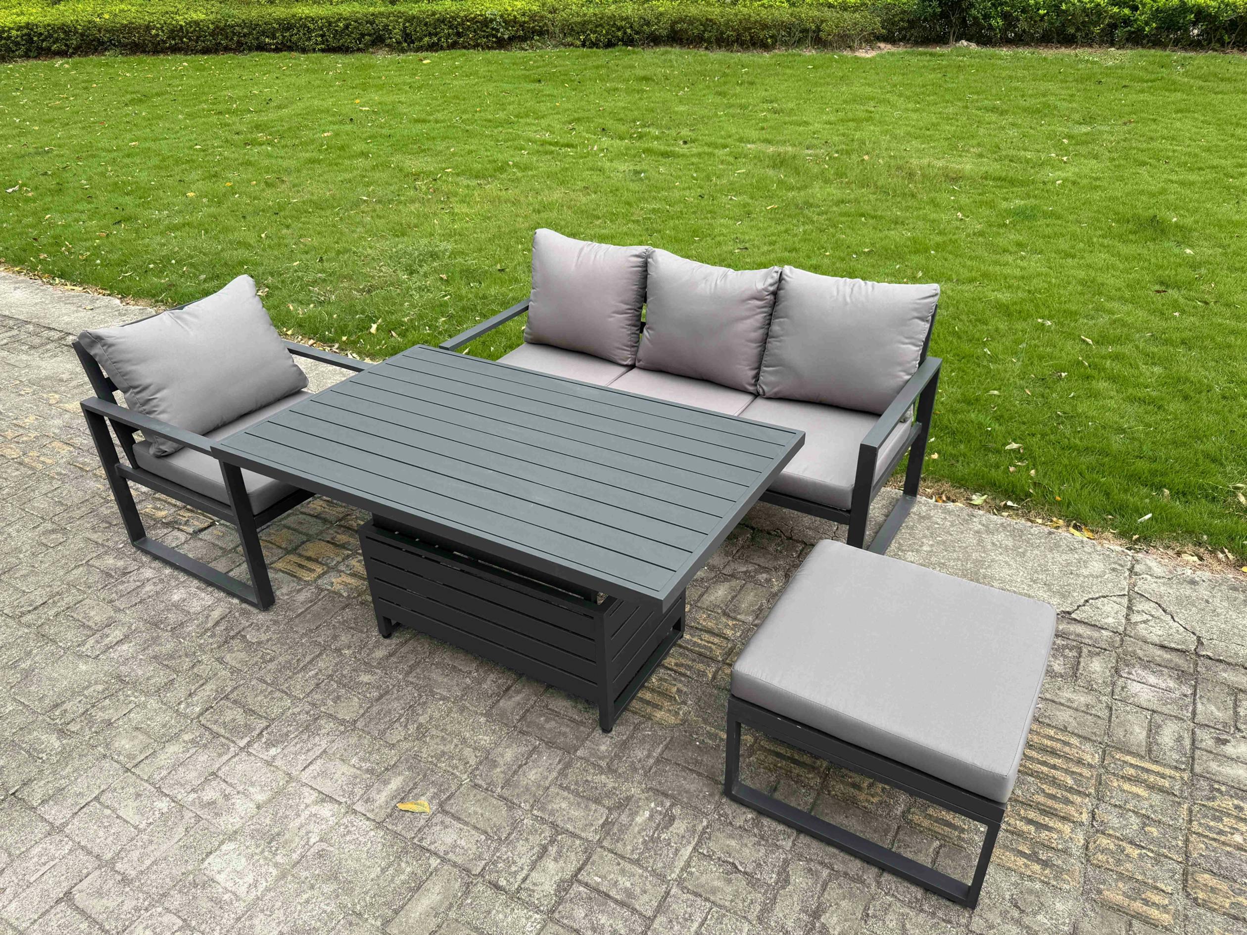 Rackhams Dark/Grey 5 Seater Aluminium Garden Furniture Set With Adjustable Rising Dining Table, Footstool