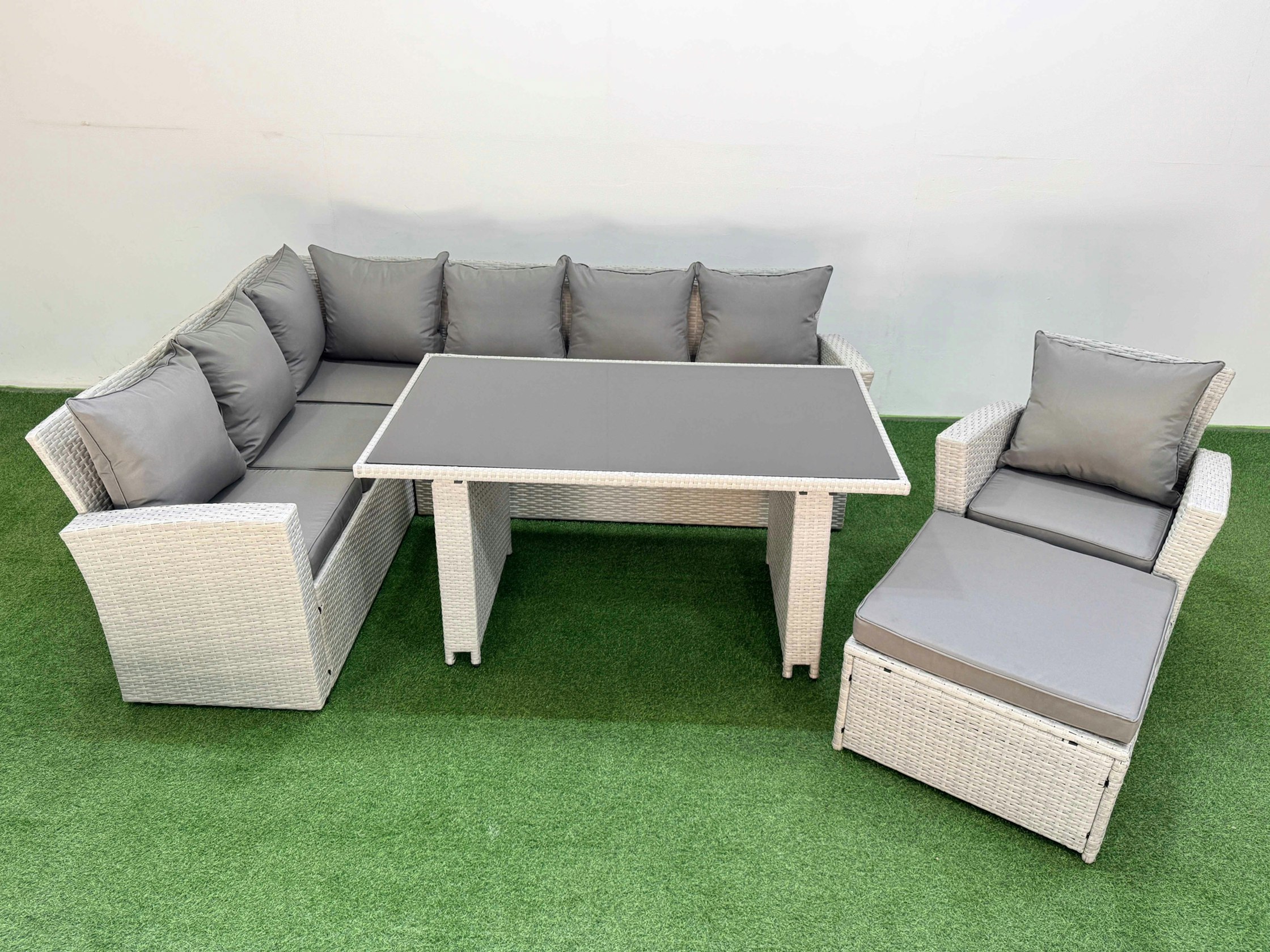 Rackhams Light/Grey 8 Seater Rattan Corner Sofa Sets Outdoor Garden Furniture Sets With Rectangular Dining Table Lounge Sofa Big Footstool Armchair