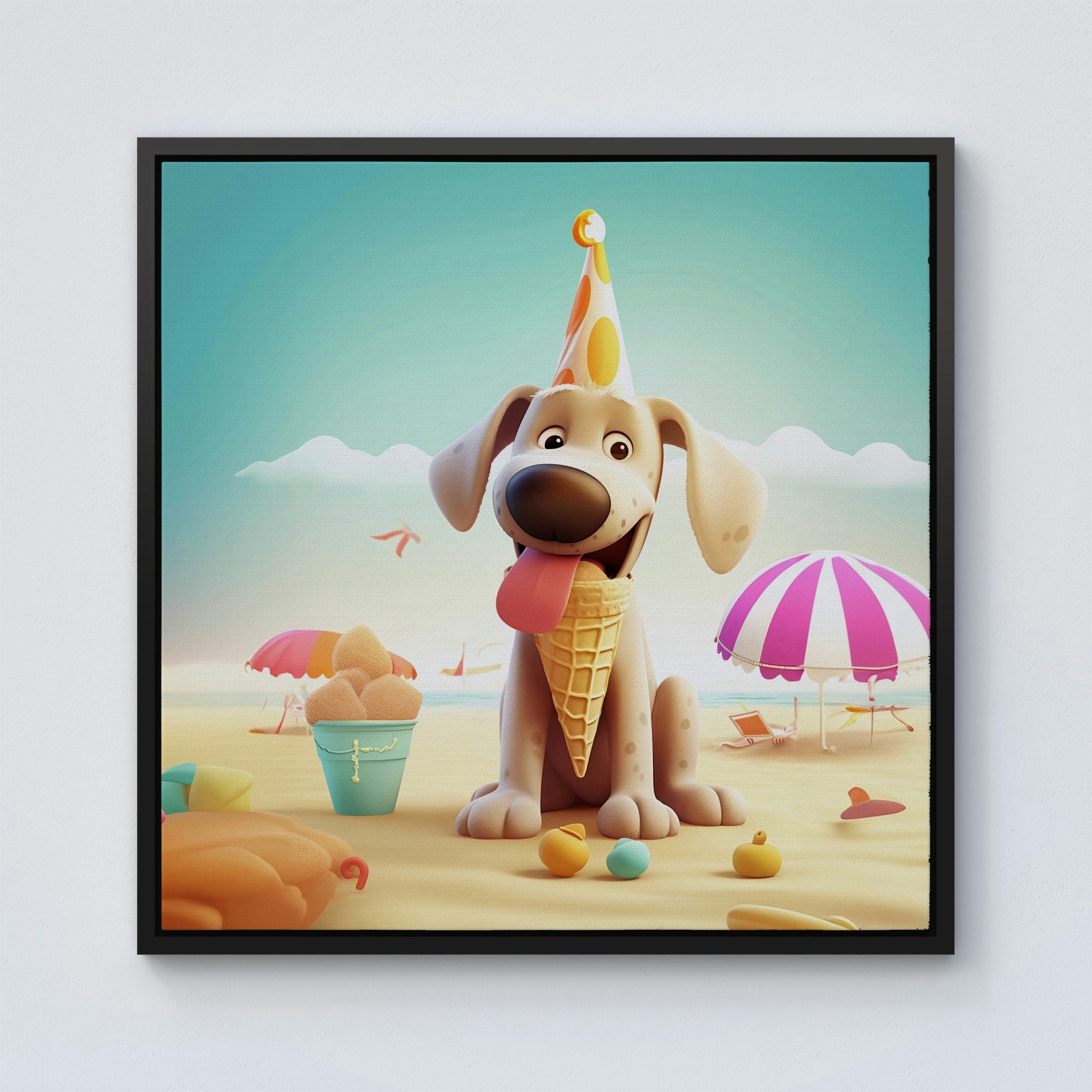 Warren Reed Black Dog On A Beach Holiday Framed Canvas - 10" X 10"