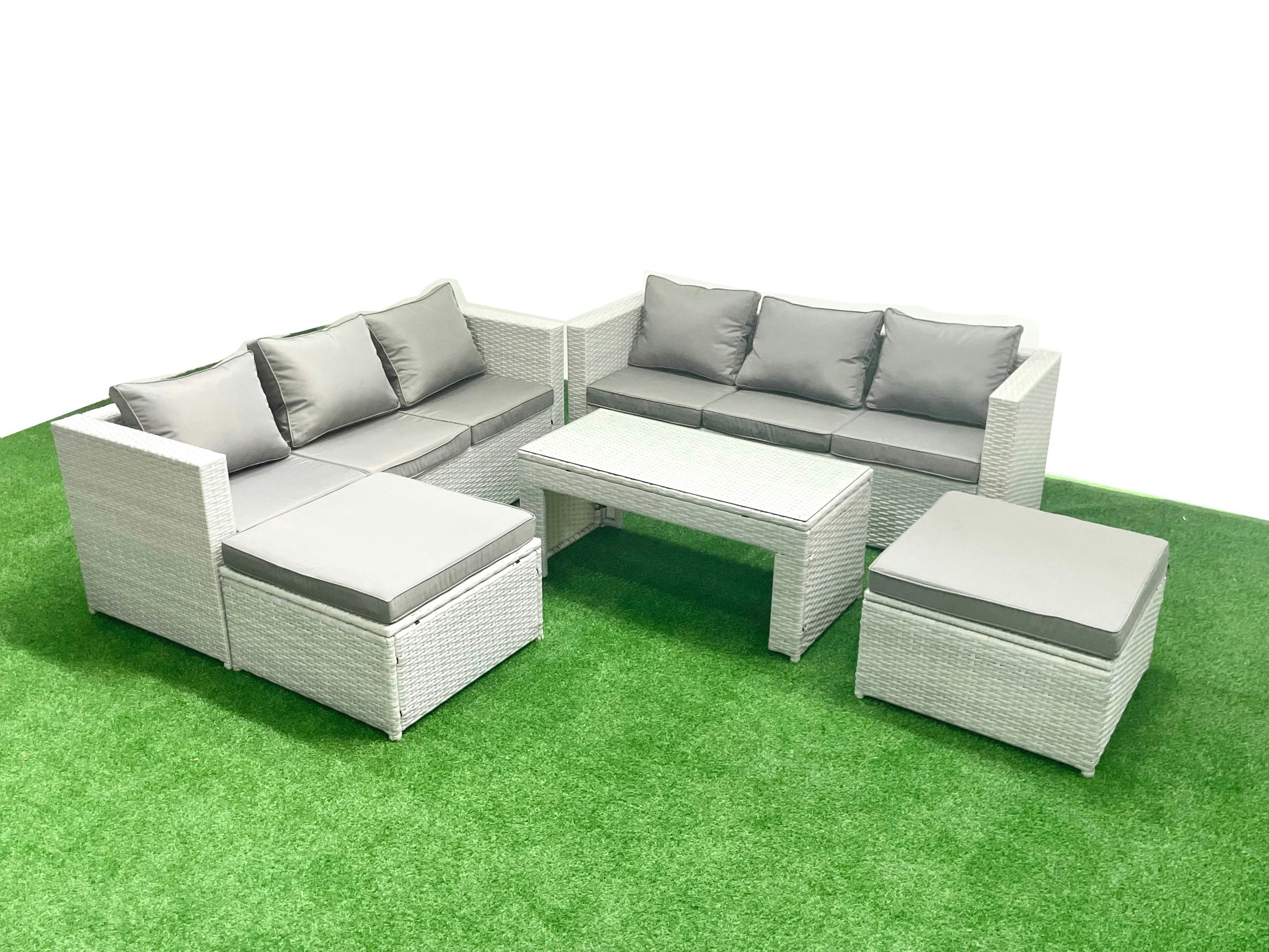 Fimous Light/Grey 8 Seater Garden Outdoor Rattan Furniture Set Rattan Garden Sofa Oblong Coffee Table With 2 Big Footstools Mixed