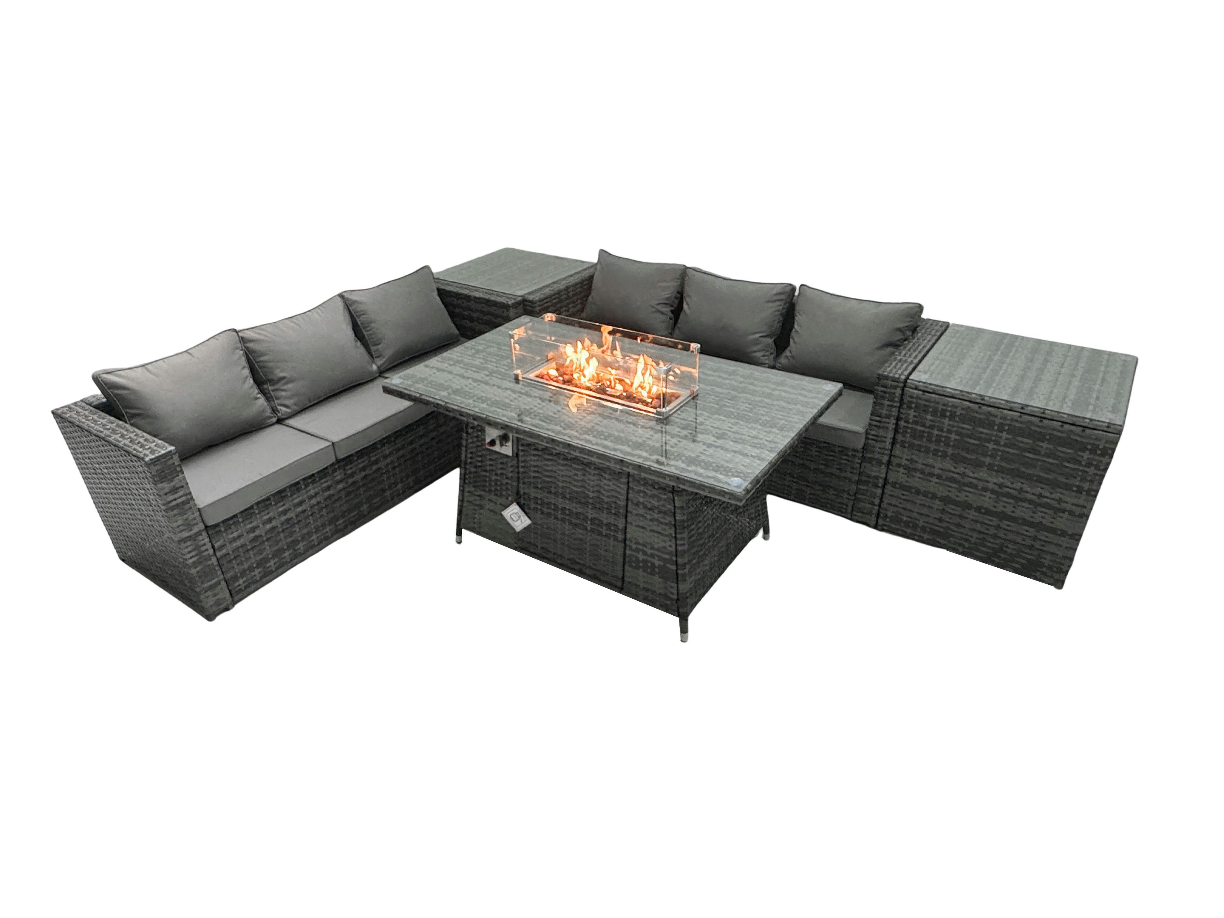 Rackhams Dark/Grey Rattan Garden Furniture Fire Pit Dining Set 6 Seater Lounge Sofa Table Set With 2 Side Tables