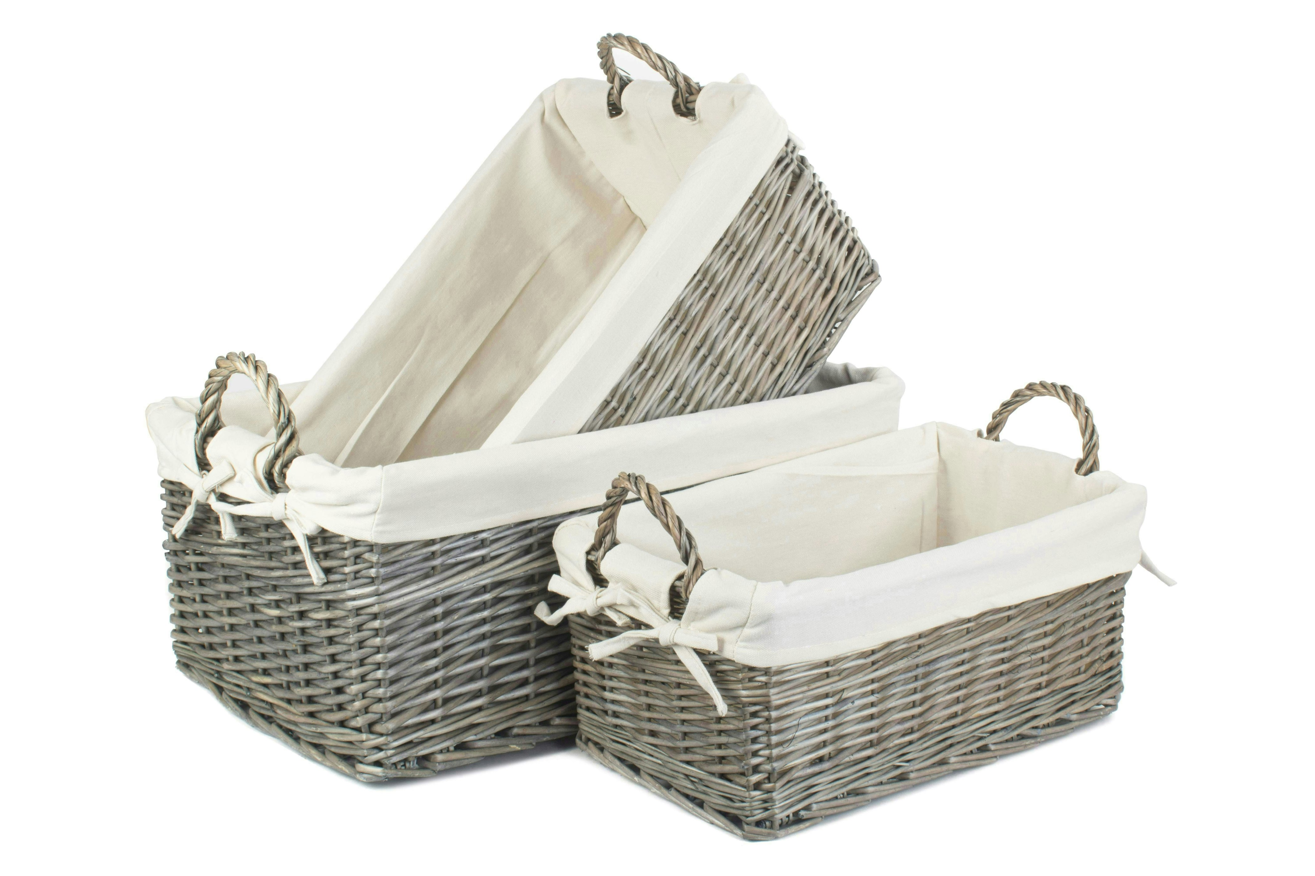 Rackhams Red Shallow Cotton Lined Antique Wash Wicker Storage Basket - Set Of 3