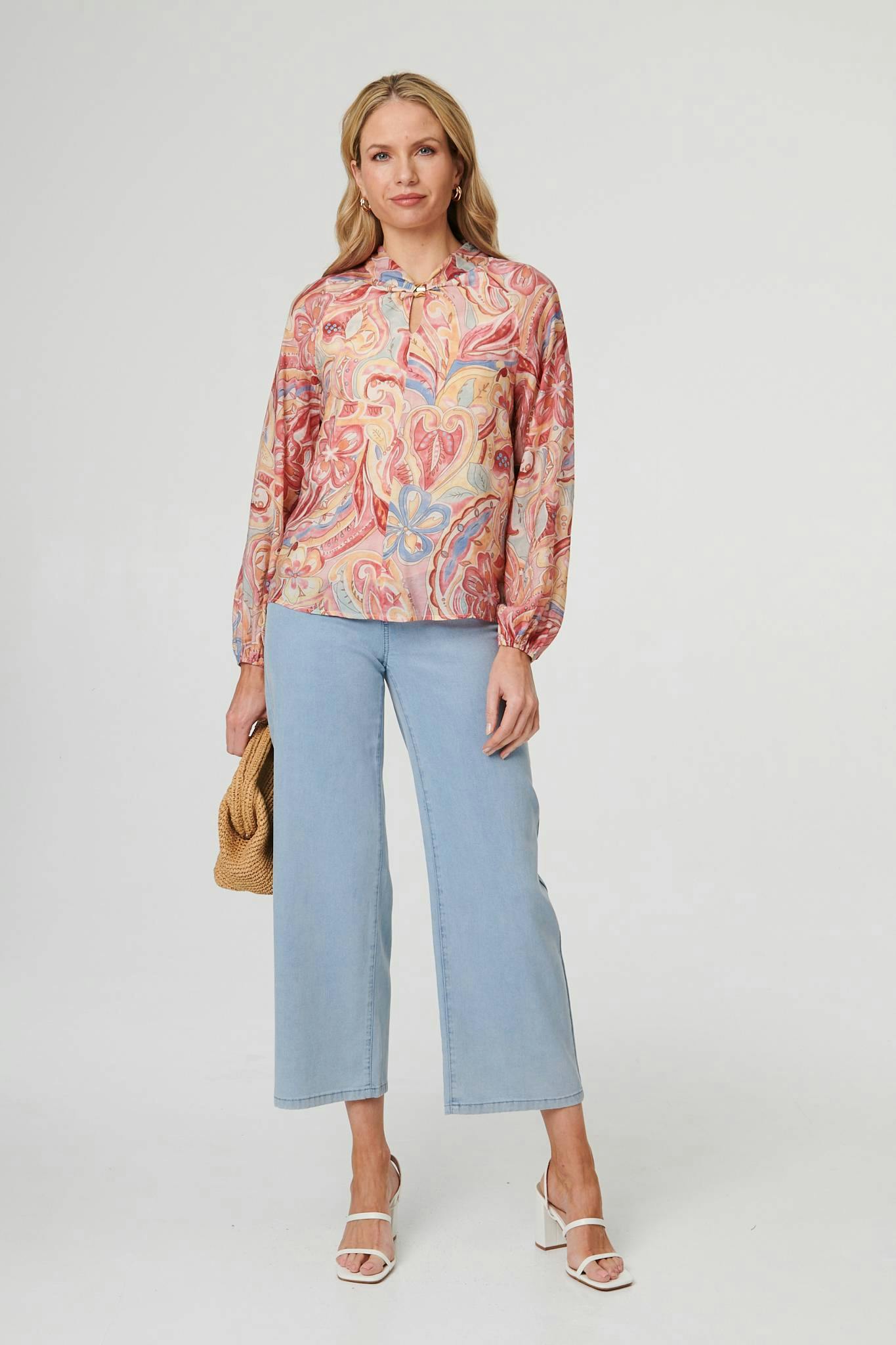 Izabel London Pink Abstract Long Sleeve Relaxed Blouse - 8