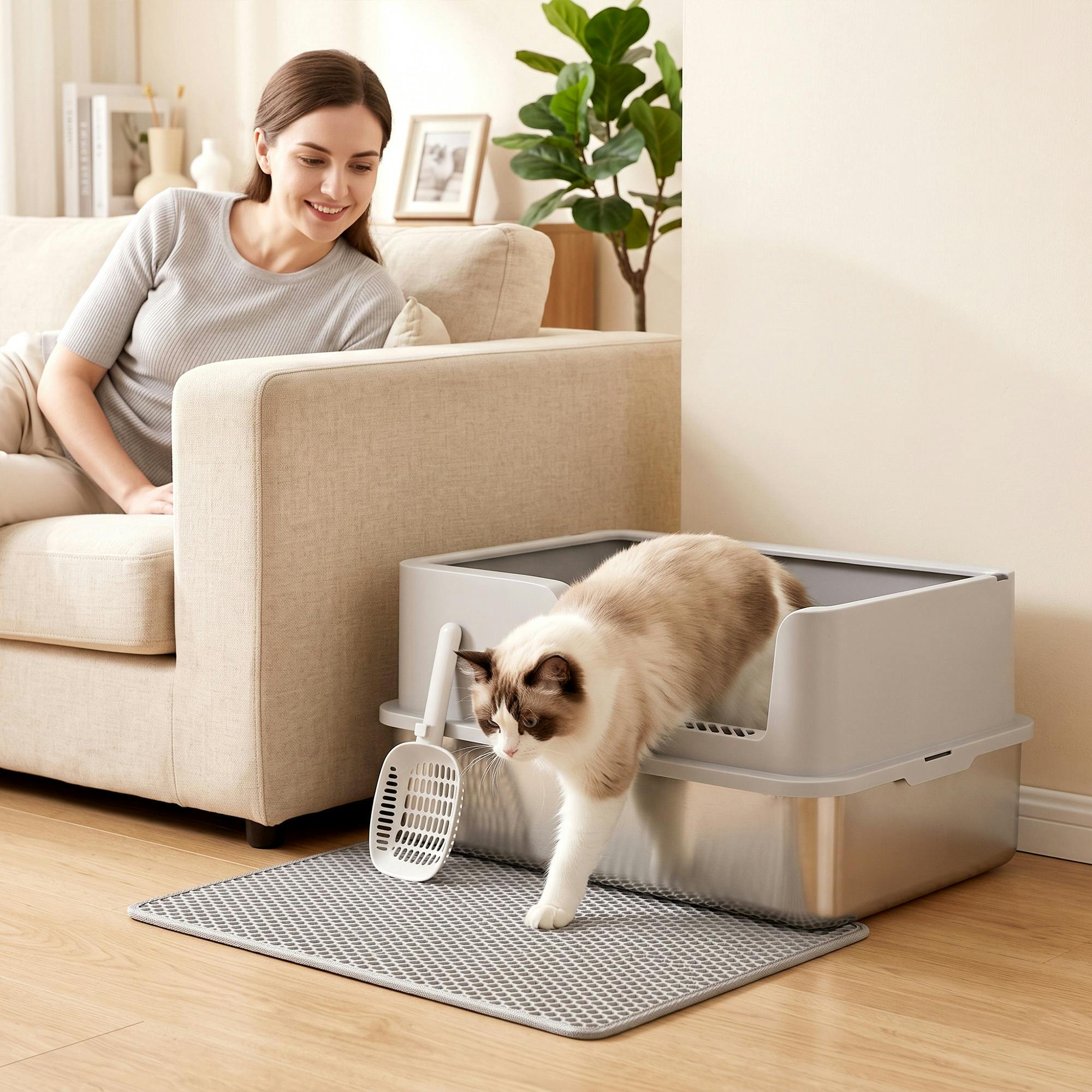Pawhut Xl Stainless Steel Cat Litter Tray W/ Lid, High Sided Cat Litter Box - Image 8
