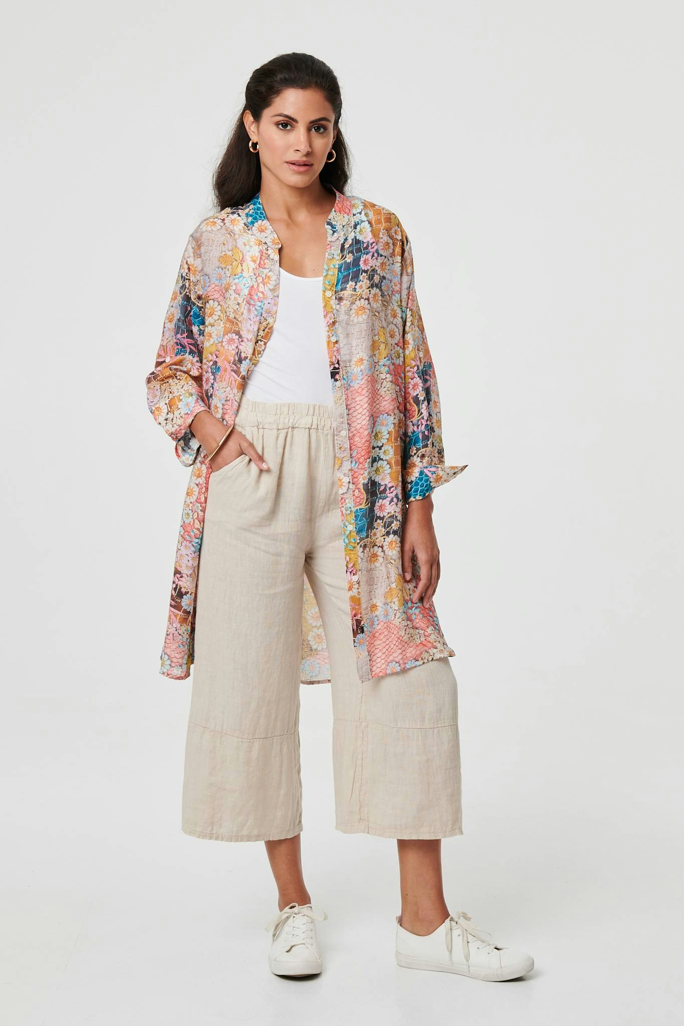 Izabel London Pink Floral Long Sleeve Longline Tunic Shirt - 12