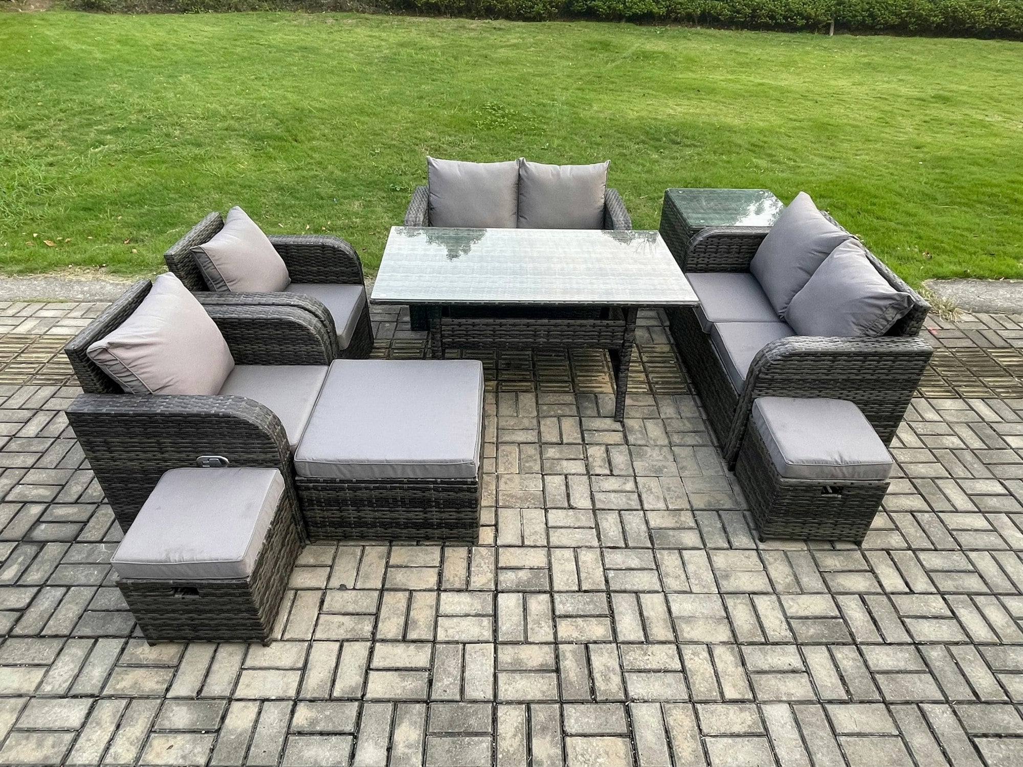 Rackhams Grey 9 Seater Rattan Outdoor Lounge Set - Rectangular Table, Reclining Chairs, 3 Stools & Side Table