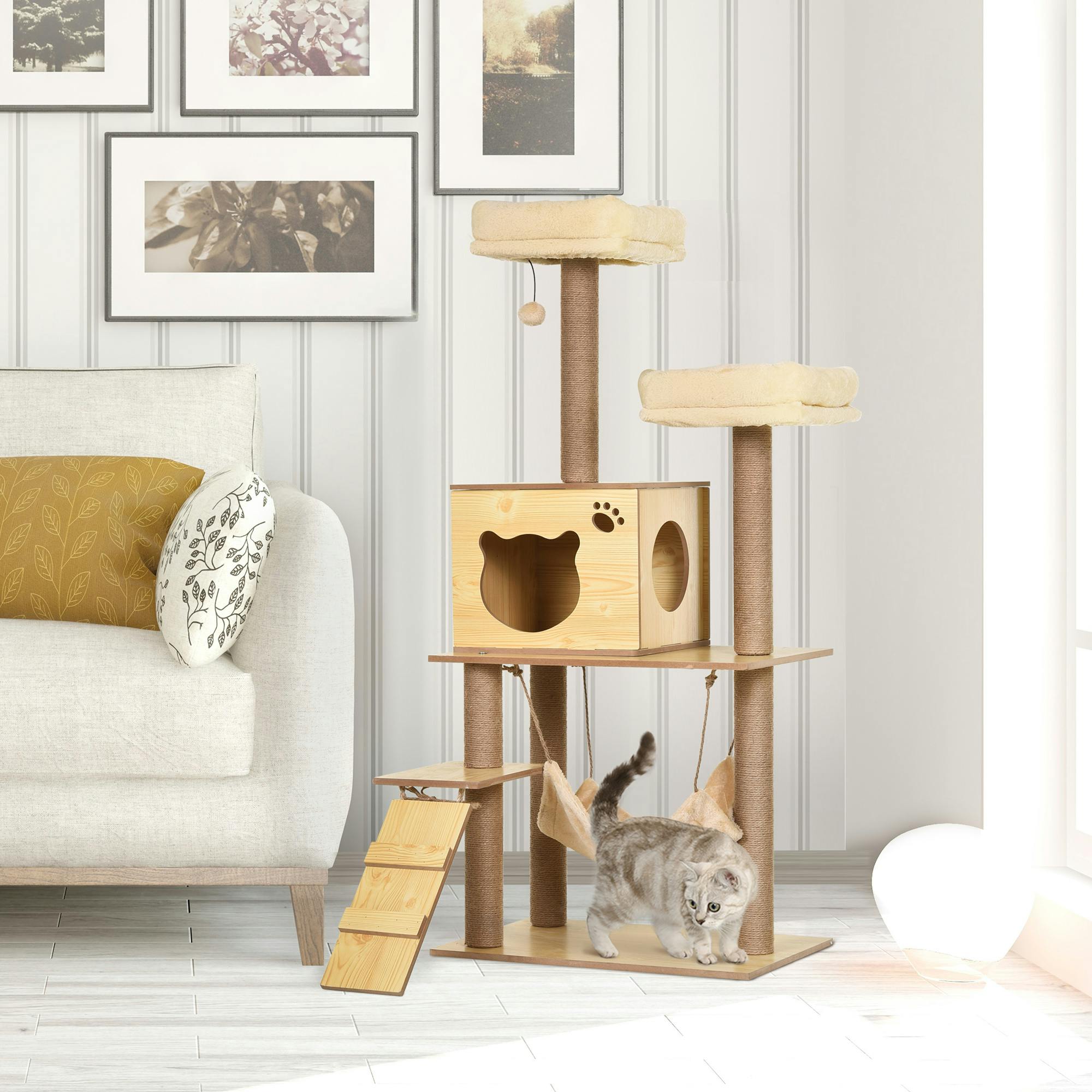 PawHut Cat Tree with Scratching Posts - Jute - Yellow - Large - Image 3