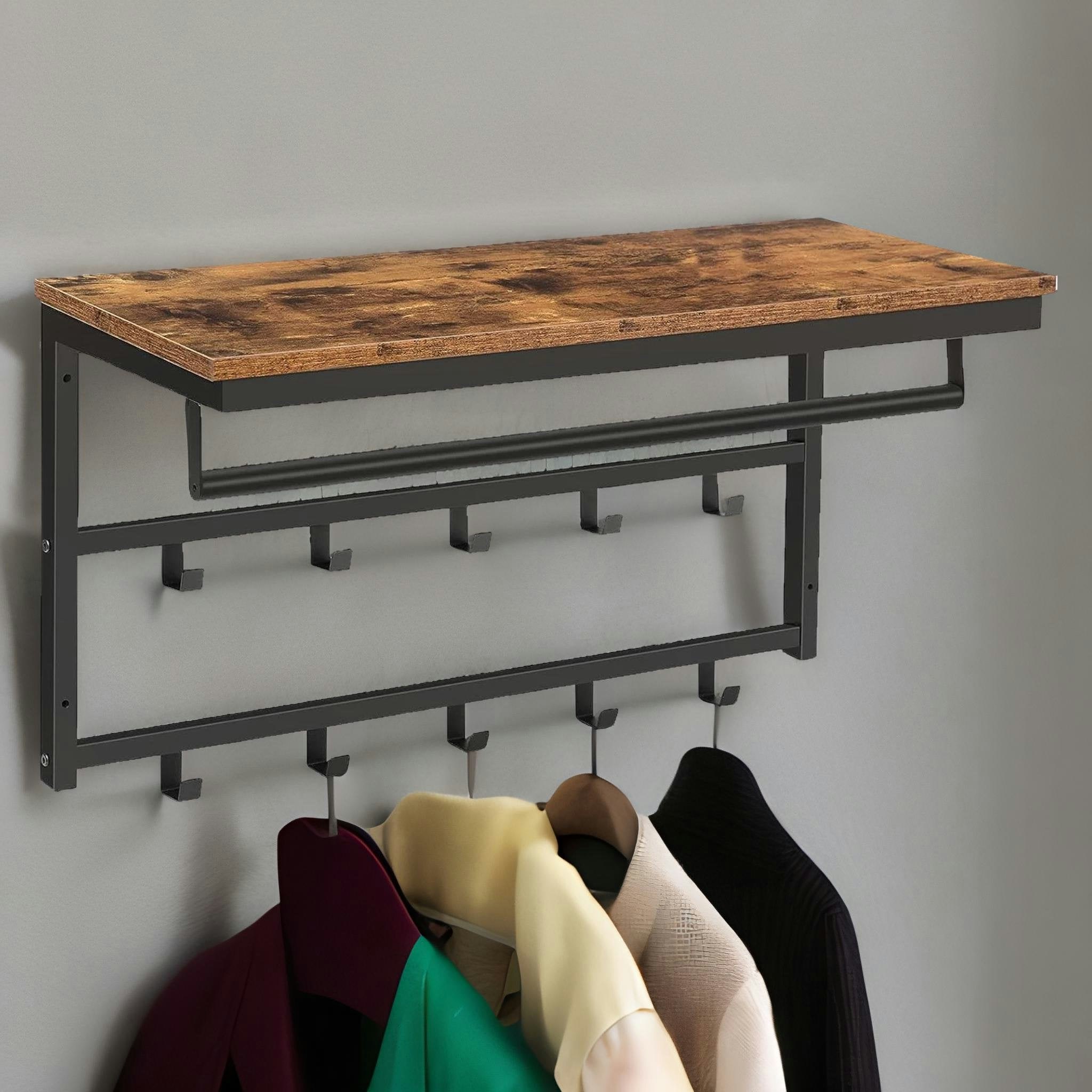 Rackhams Black Wall-Mounted, Coat Hook With 10 Hooks And Shelf