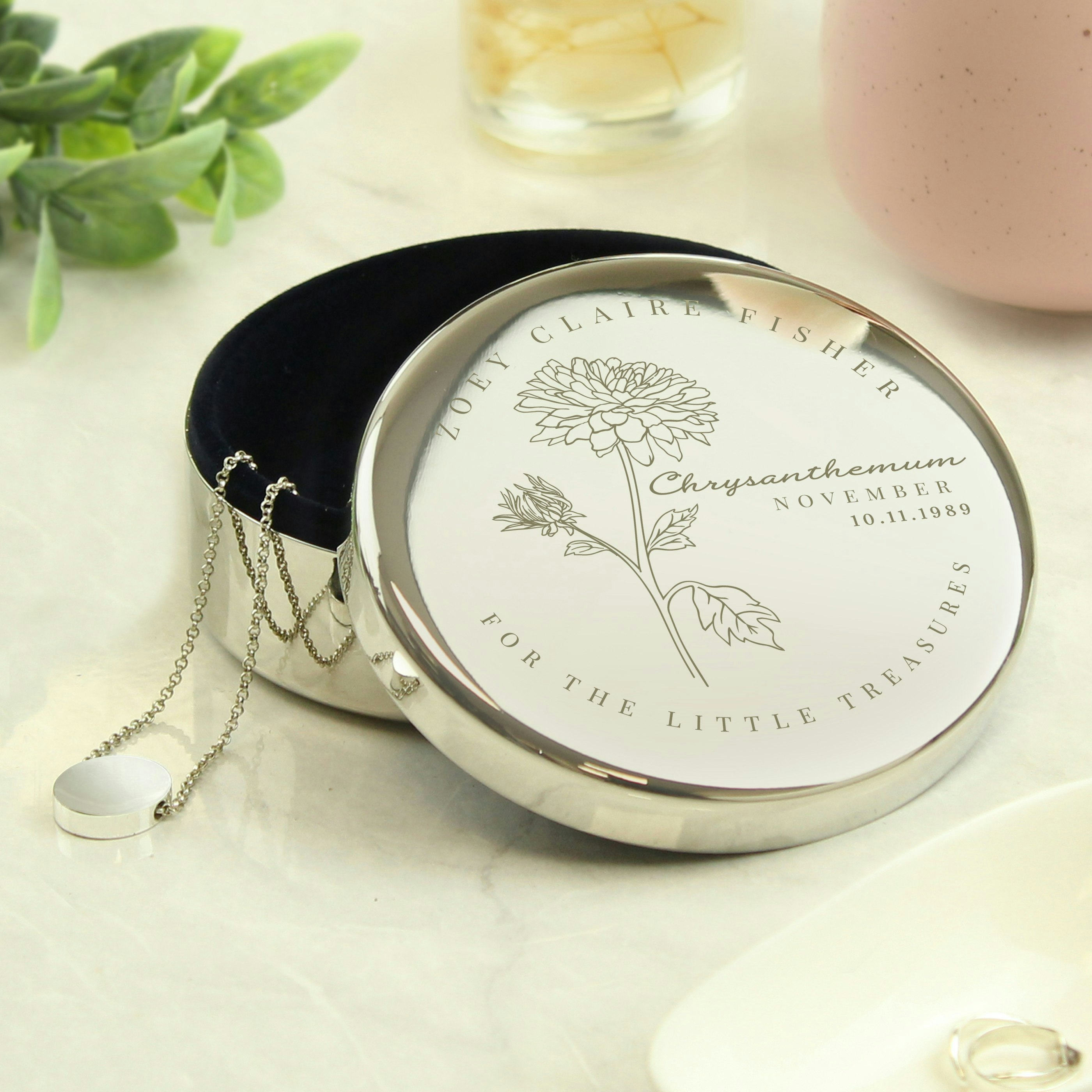 Personalised Memento Company Dark/Blue Personalised November Birth Flower Round Trinket Box