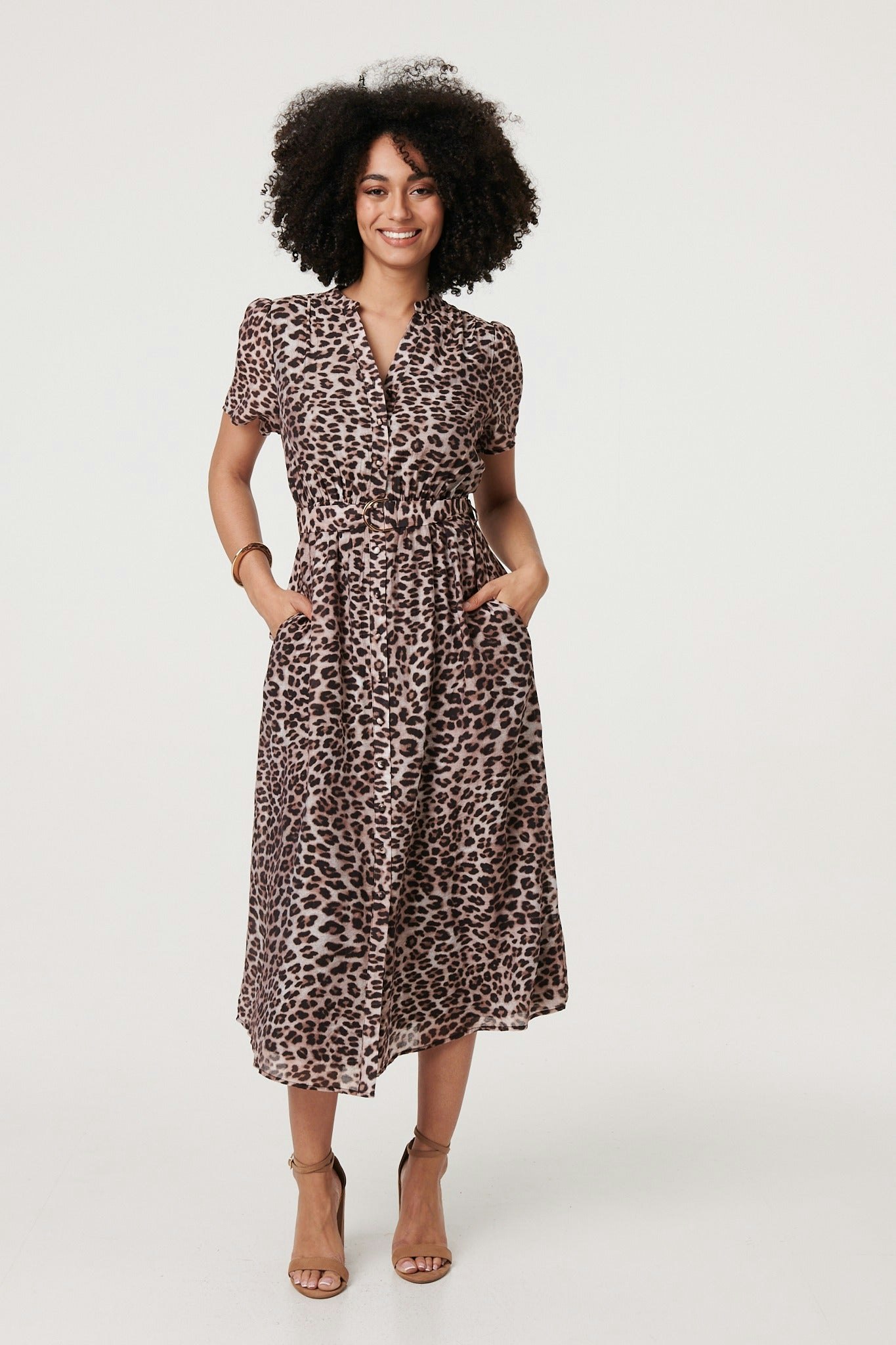 Izabel London Beige Animal Print Belted Midi Shirt Dress - 16