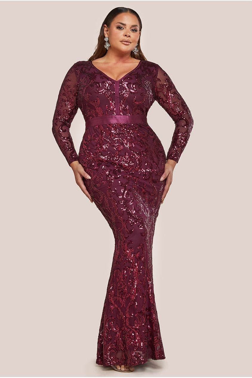 Goddiva Plus Burgundy Embroidered Sequin & Mesh Maxi Dress - By - 18