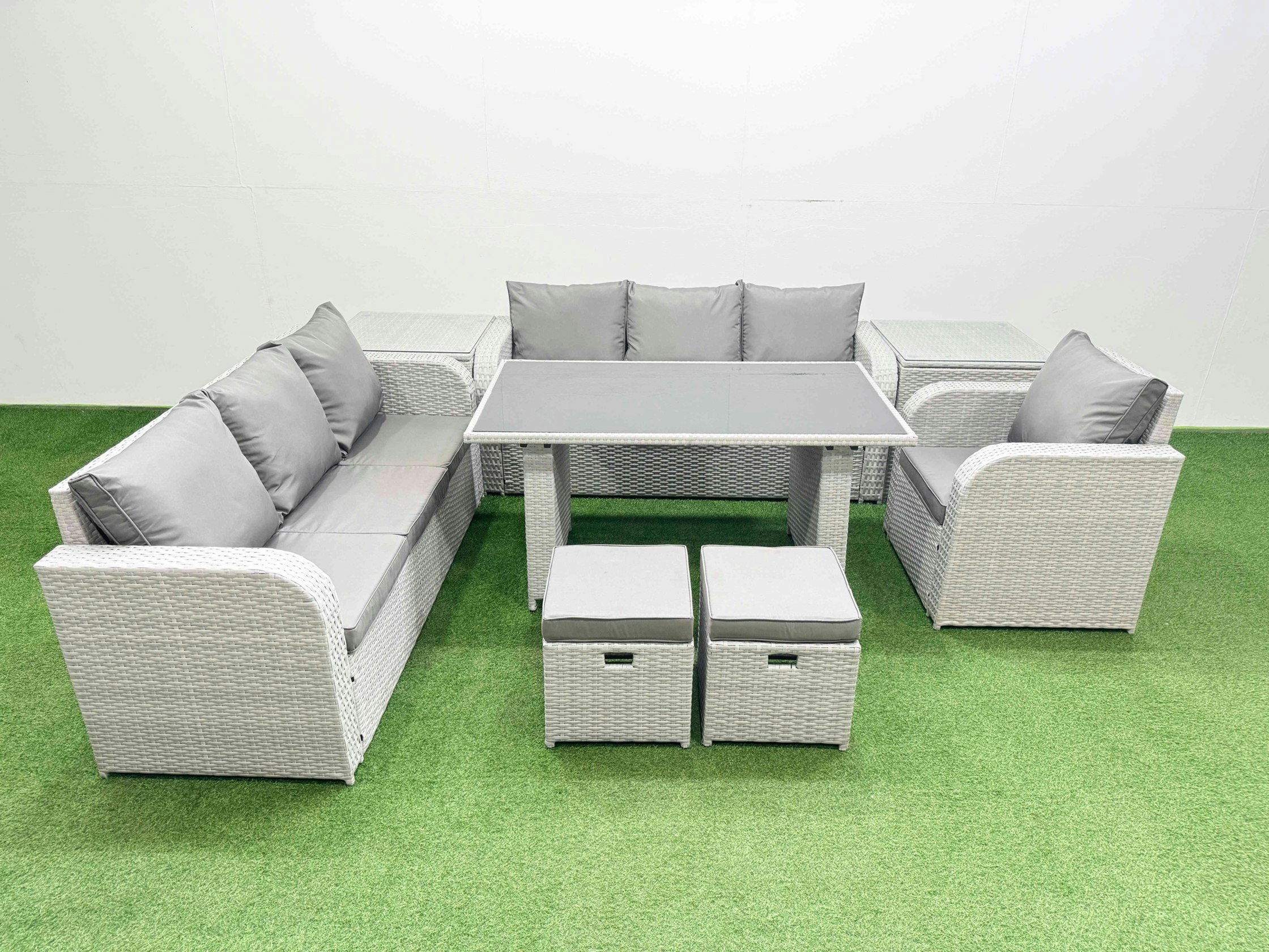Fimous Light/Grey Rattan Garden Furniture Dining Set 9 Seater Patio Rectangular Table Sofa Set With 2 Side Tables 2 Small Stools