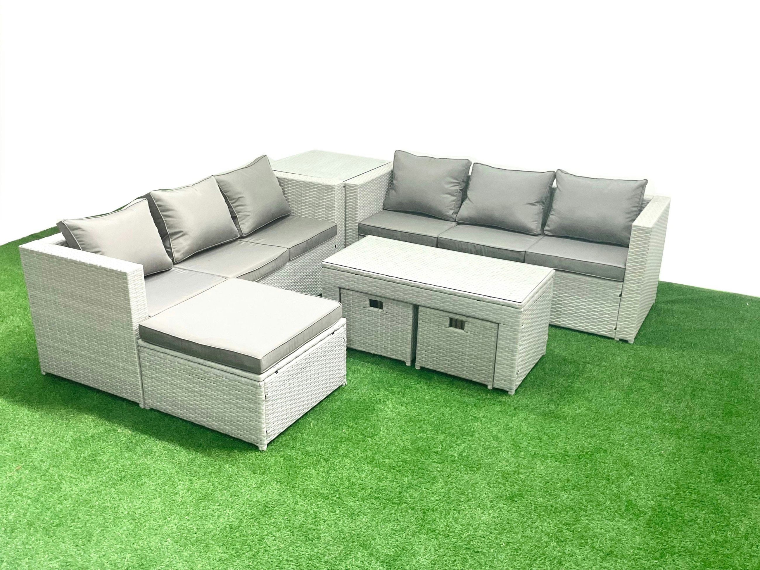 Rackhams Light/Grey 9 Seater Garden Outdoor Rattan Furniture Set Rattan Garden Sofa Oblong Coffee Table With 3 Footstools Side Table Mixed
