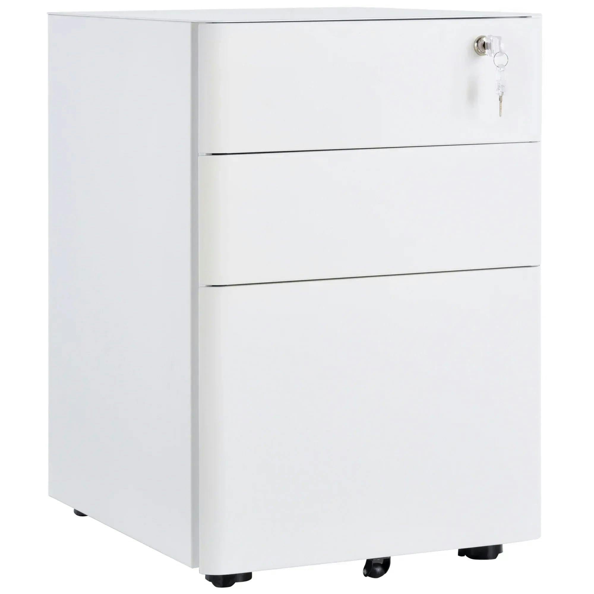 Vinsetto 3 Drawer Metal Filing Cabinet Lockable 5 Wheels Under Desk White - Image 6