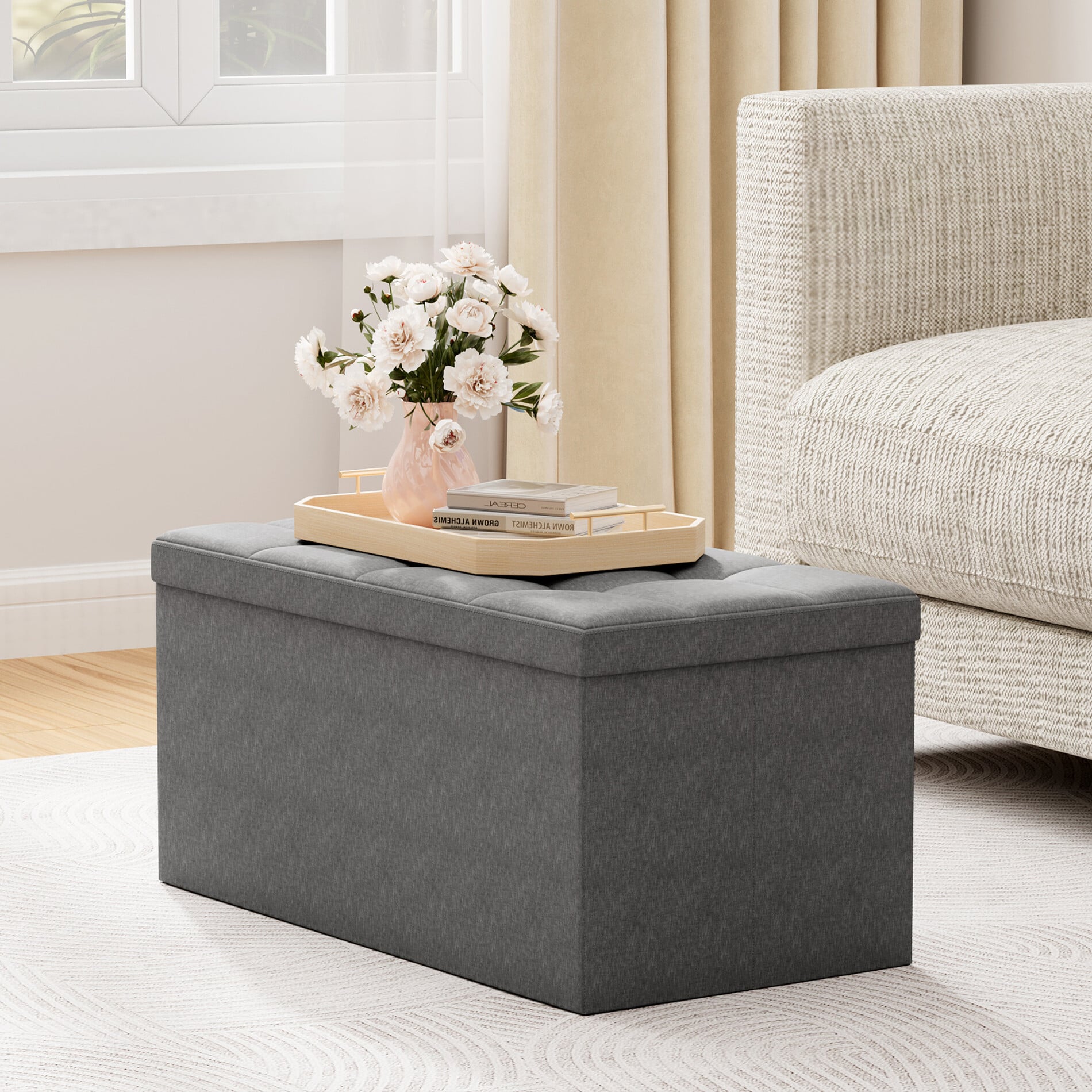 Mcc Foldable Storage Ottoman Bench With Lid, Large Storage Chest Footstool For Space Saving Seating & Storage Solution, 76 × 38 × 38 Cm Dark Grey - Image 3