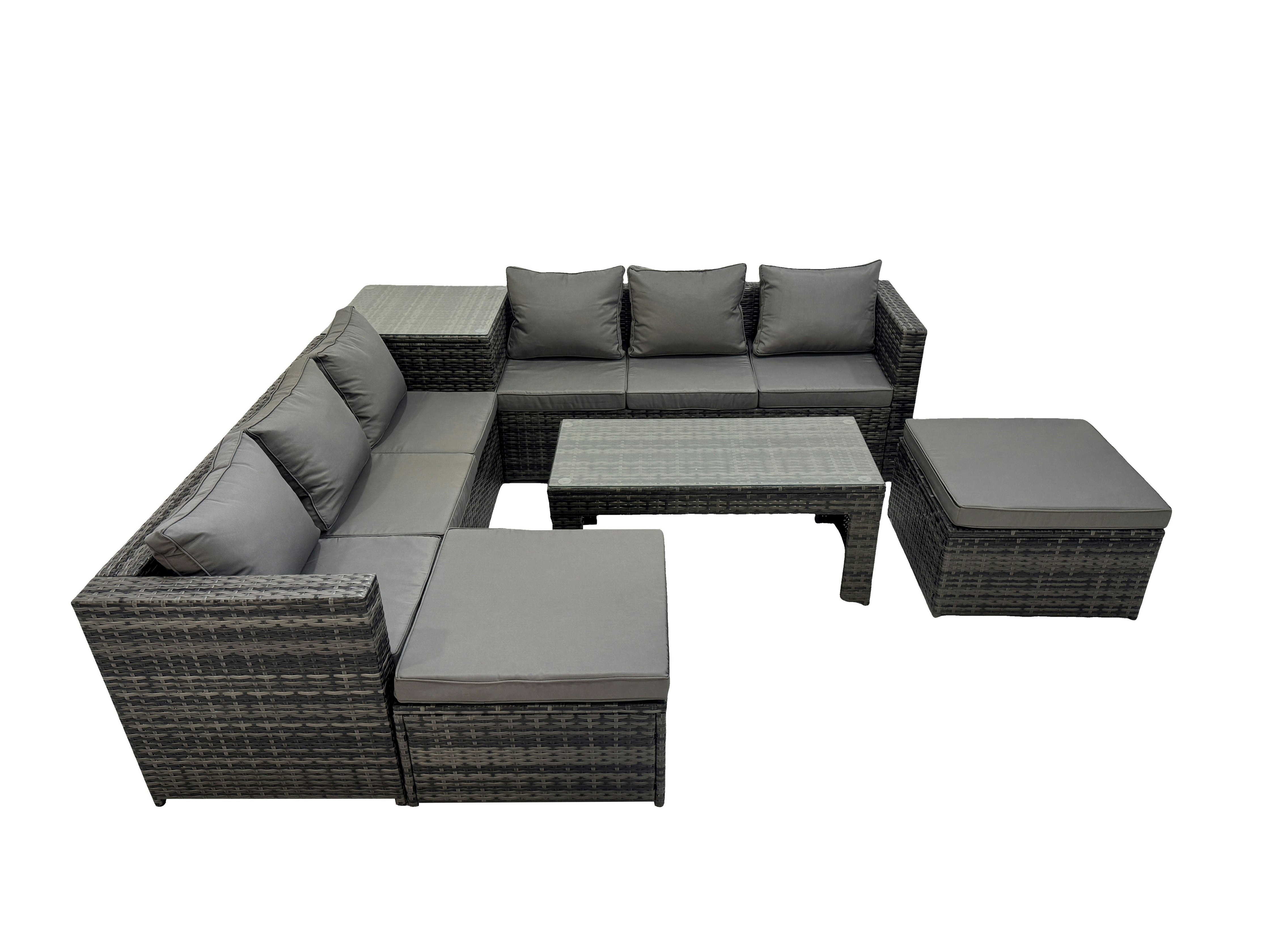 Fimous Dark/Grey Garden Rattan Outdoor Furniture Set 8 Seater Patio Corner Sofa Oblong Coffee Table With 2 Big Stool Side Table