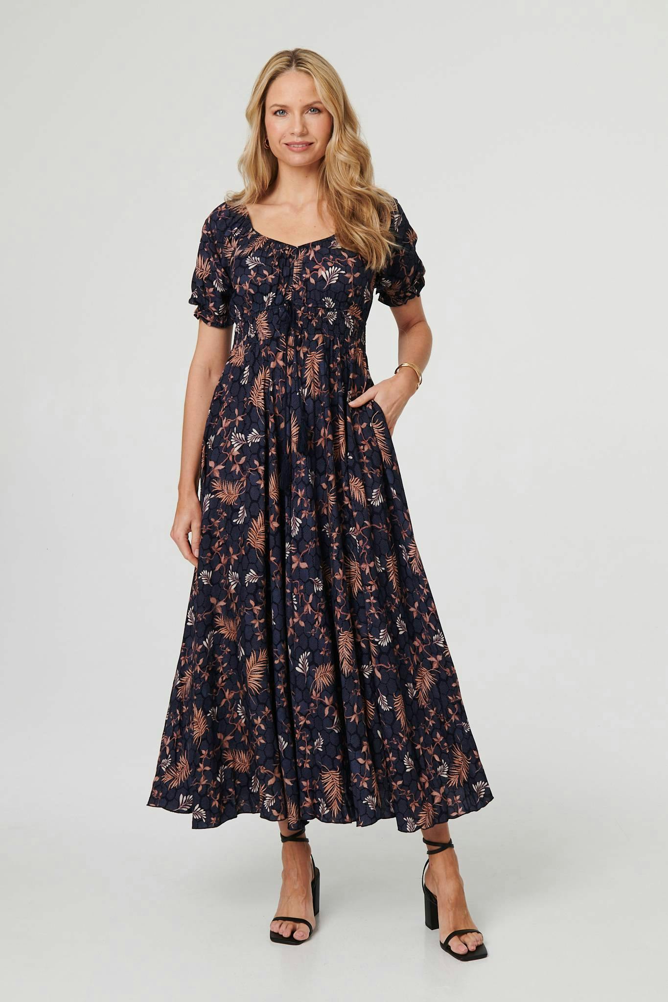 Izabel London Leaf Print Short Puff Sleeve Maxi Dress - 18 - Navy