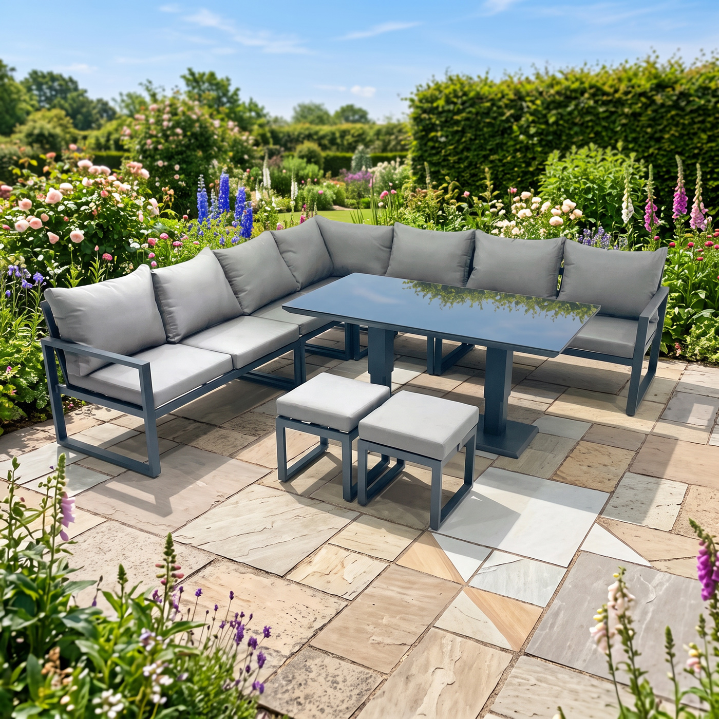 Rackhams Dark/Grey 9 Seater Aluminum Garden Furniture Set With Corner Sofa, 2 Footstools & Adjustable Rising Dining Table