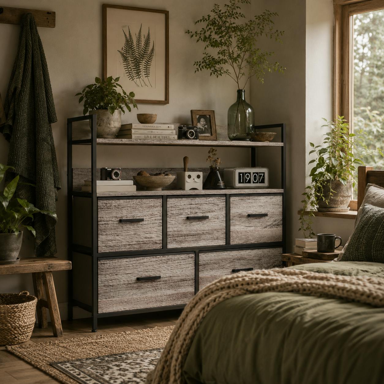 Rackhams Grey Rimo Fabric And Wood Wood Effect 5 Drawer Rustic Storage Chest