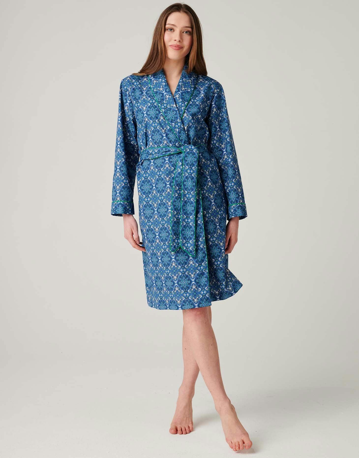 British Boxers Women's Crisp Cotton Mid-Length Dressing Gown – Marrakesh Paisley - Petite