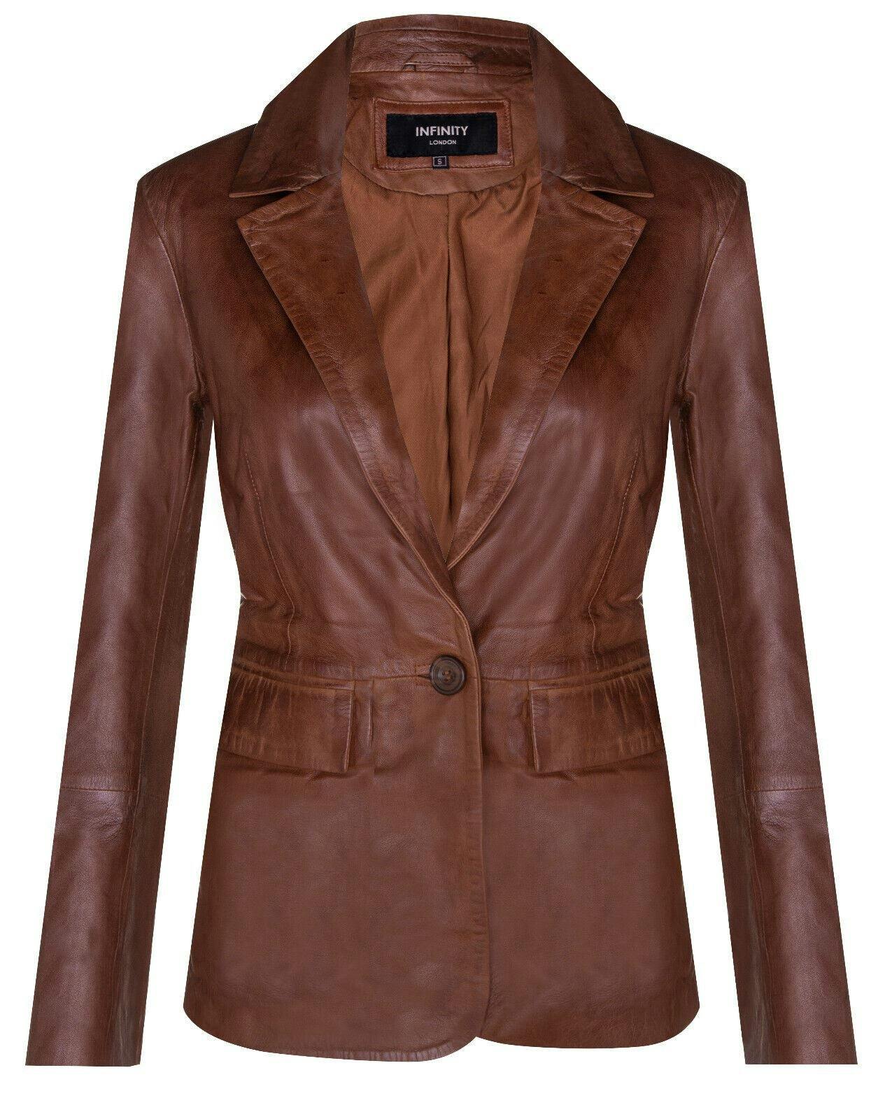 Infinity Leather Women's One Button Leather Blazer Jacket-Newhaven - Tan - Uk S/10 | Eu 36 | Us 6