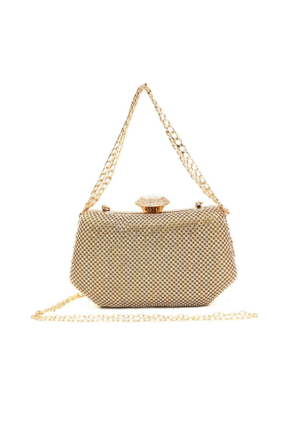 Pluspup Gold Sparkling Evening Clutch Bag With Chain Strap And Jewel Clasp