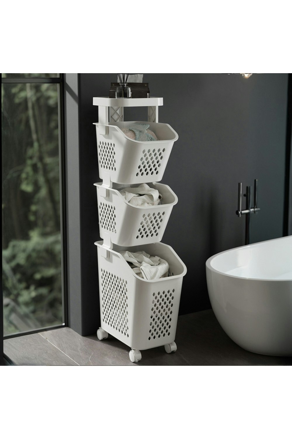Rackhams Grey 3-Tier Storage Rack Laundry Baskets With Casters