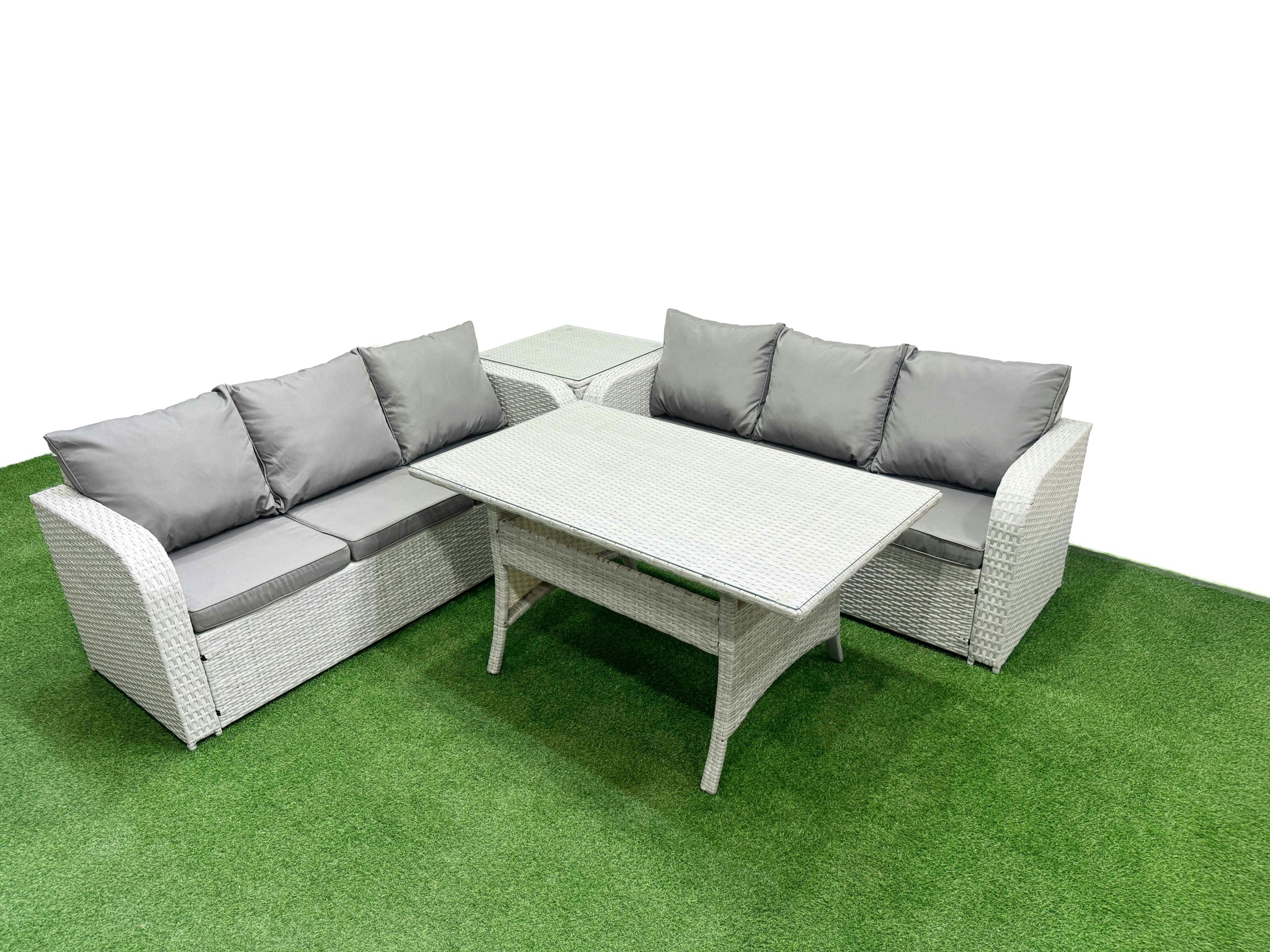 Rackhams Light/Grey 6-Seater Rattan Outdoor Dining Set | Rectangular Table, High Back Lounge Sofa, Side Table