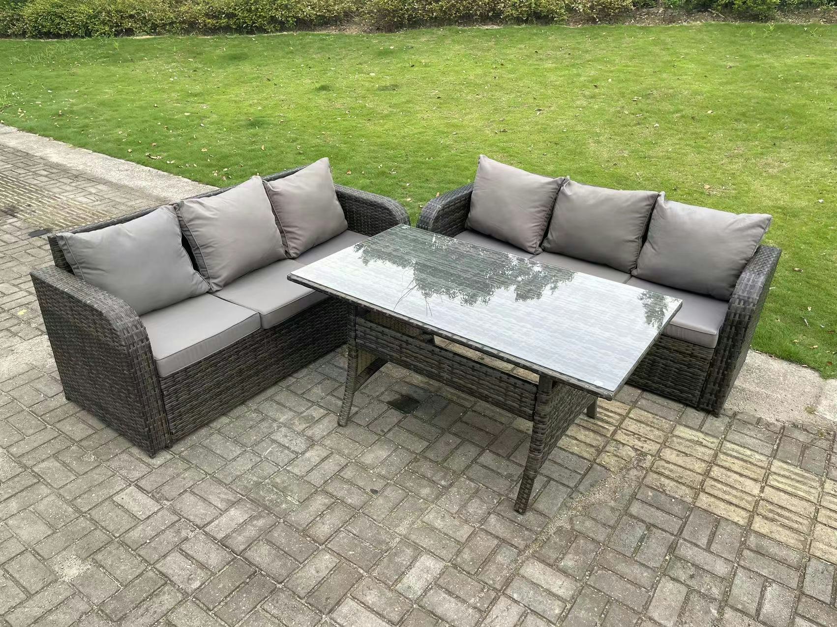 Rackhams Dark/Grey Pe Wicker Rattan Garden Furniture Set Lounge Sofa 3 Seater Sofa Set Outdoor Rectangular Dining Table 6 Seater