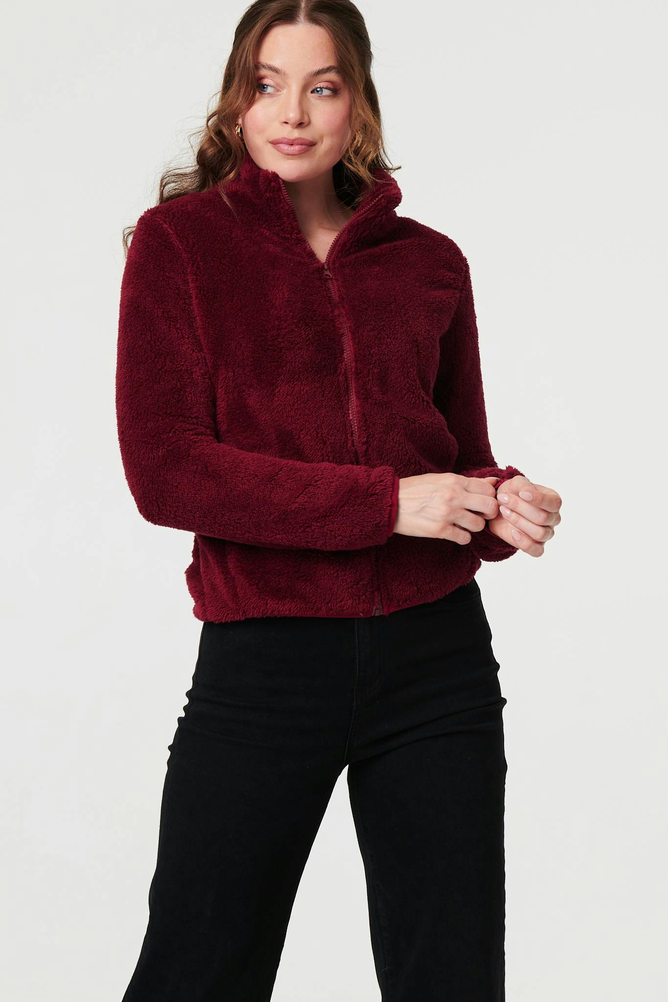 Izabel London Red Soft Texture Zip Front High Neck Fleece - 16