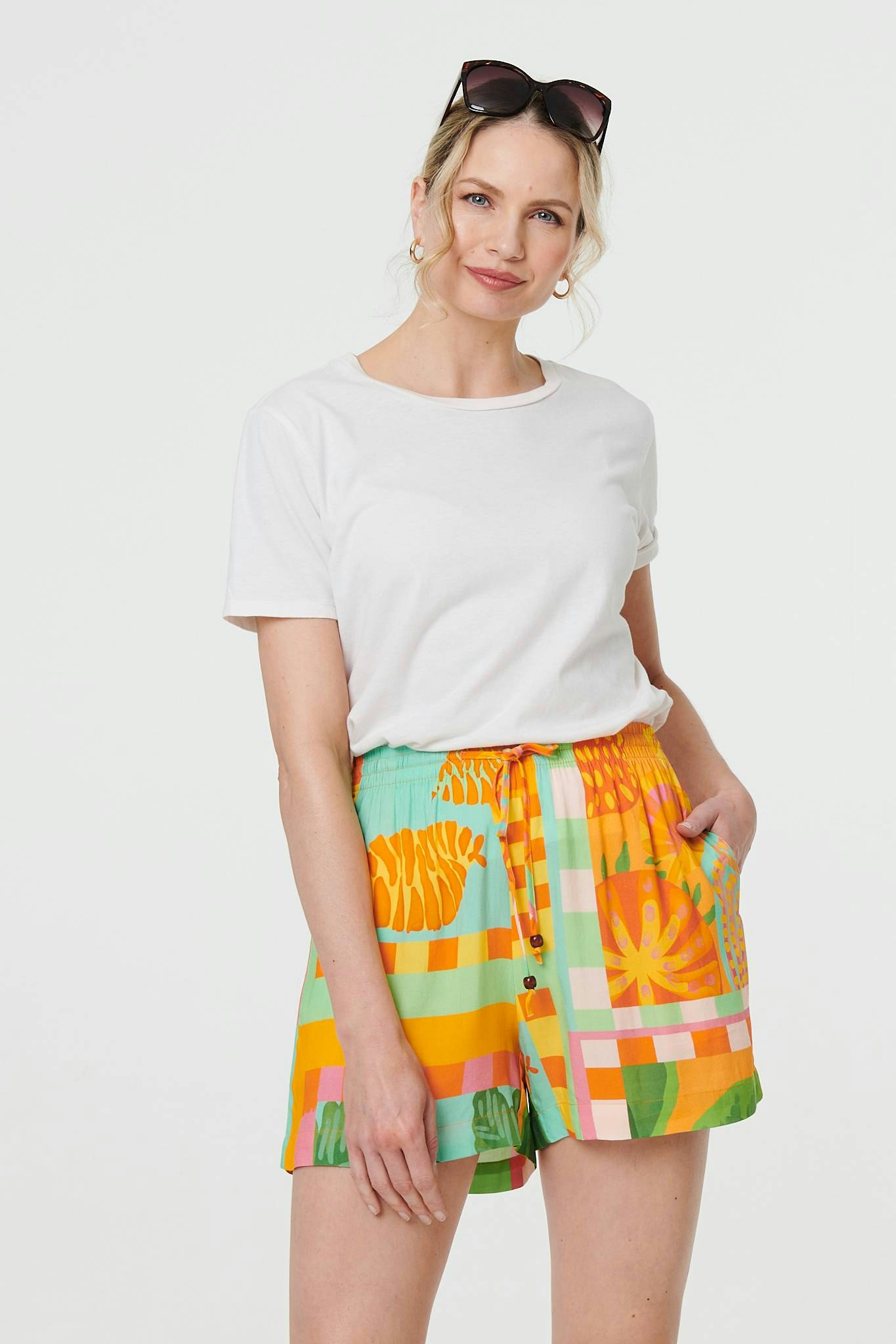 Izabel London Orange Patchwork Print Tie Waist Relaxed Shorts - 10