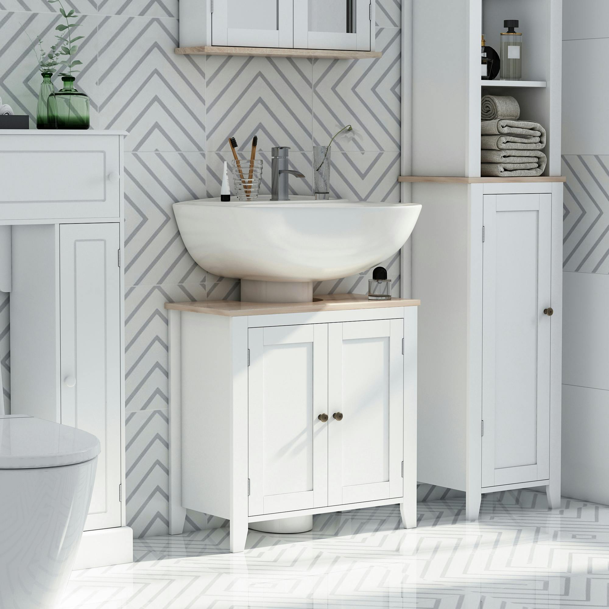 kleankin Under Sink Cabinet, Bathroom Sink Cabinet, Pedestal Design, White | Bathroom Sink Cabinet with 2 Doors, Freestanding Bathroom Cupboard, Adjustable Shelf - Image 4