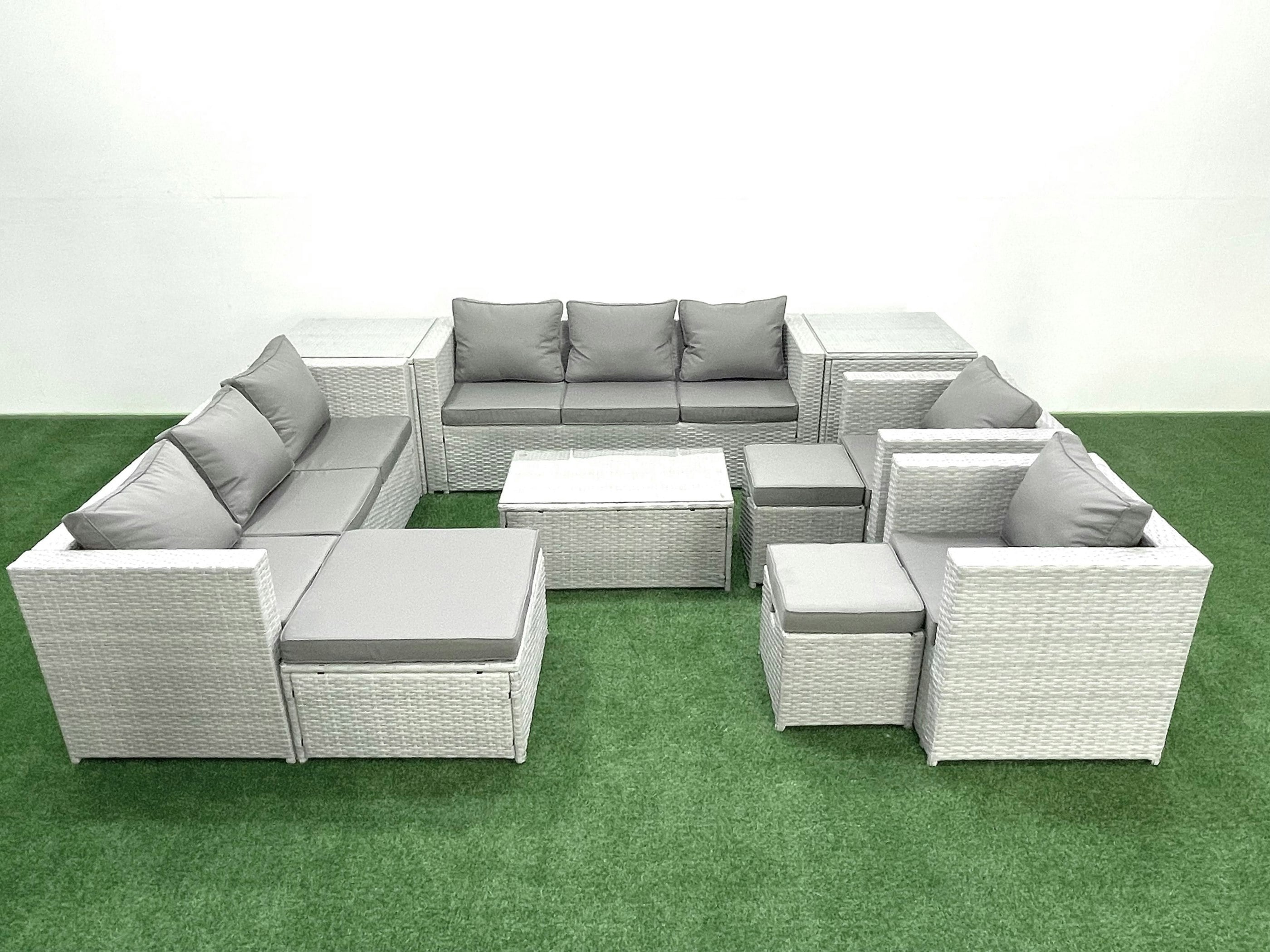 Rackhams Light/Grey Outdoor Rattan Sofa Garden Furniture Set With 2 Armchairs Oblong Coffee Table 3 Footstools 2 Side Tables Mixed