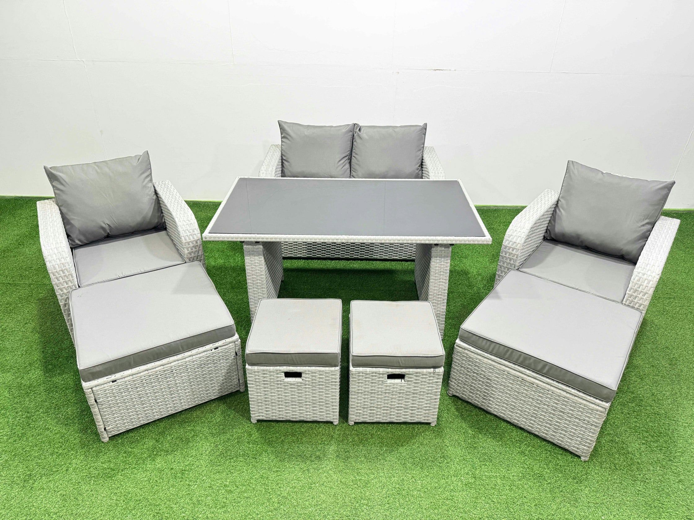 Rackhams Light/Grey 8 Seater Patio Garden Furniture Sets With Dining Table Love Sofa 4 Stools