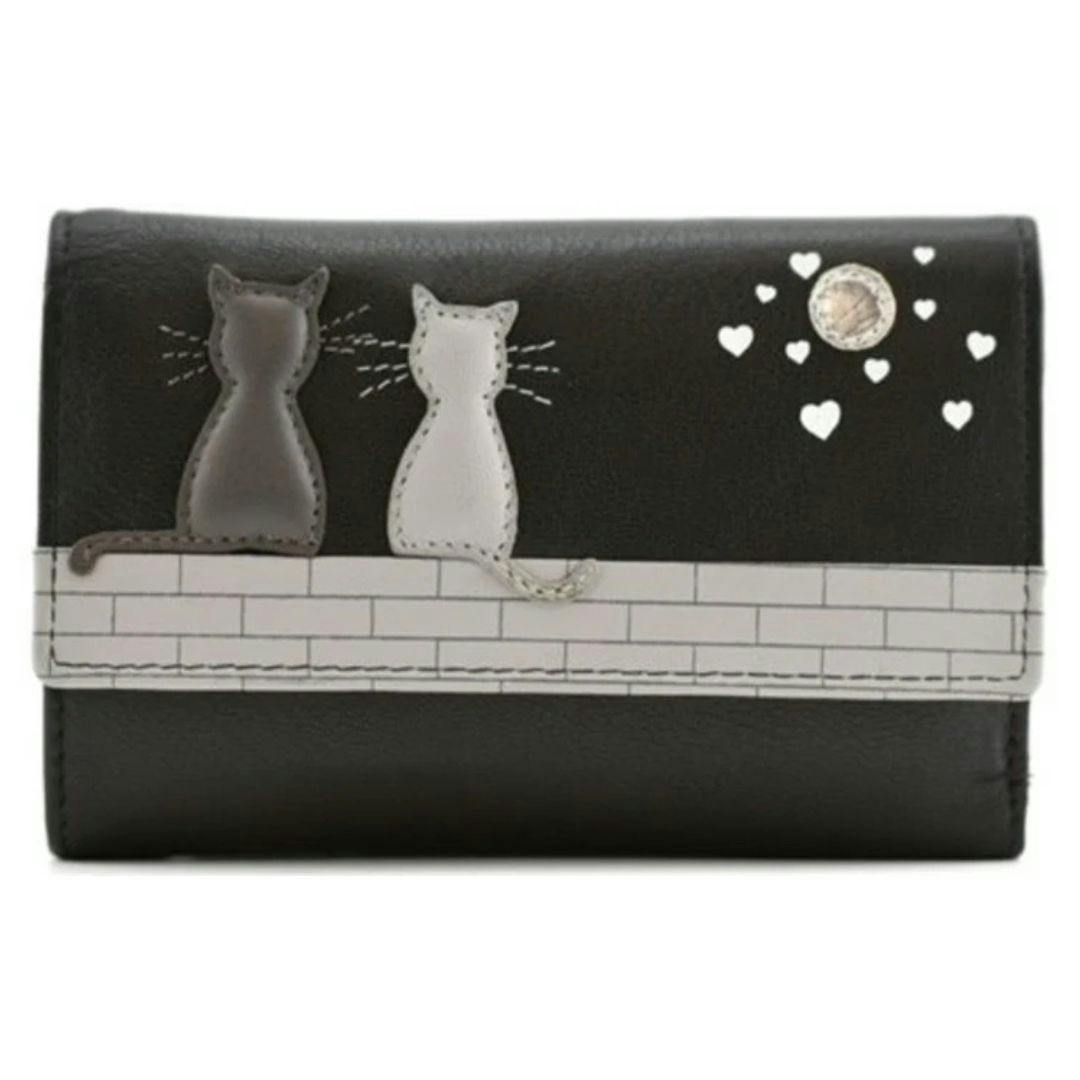 Mala Leather Black Midnight Cats Trifold Purse – Genuine Leather, Rfid Protected