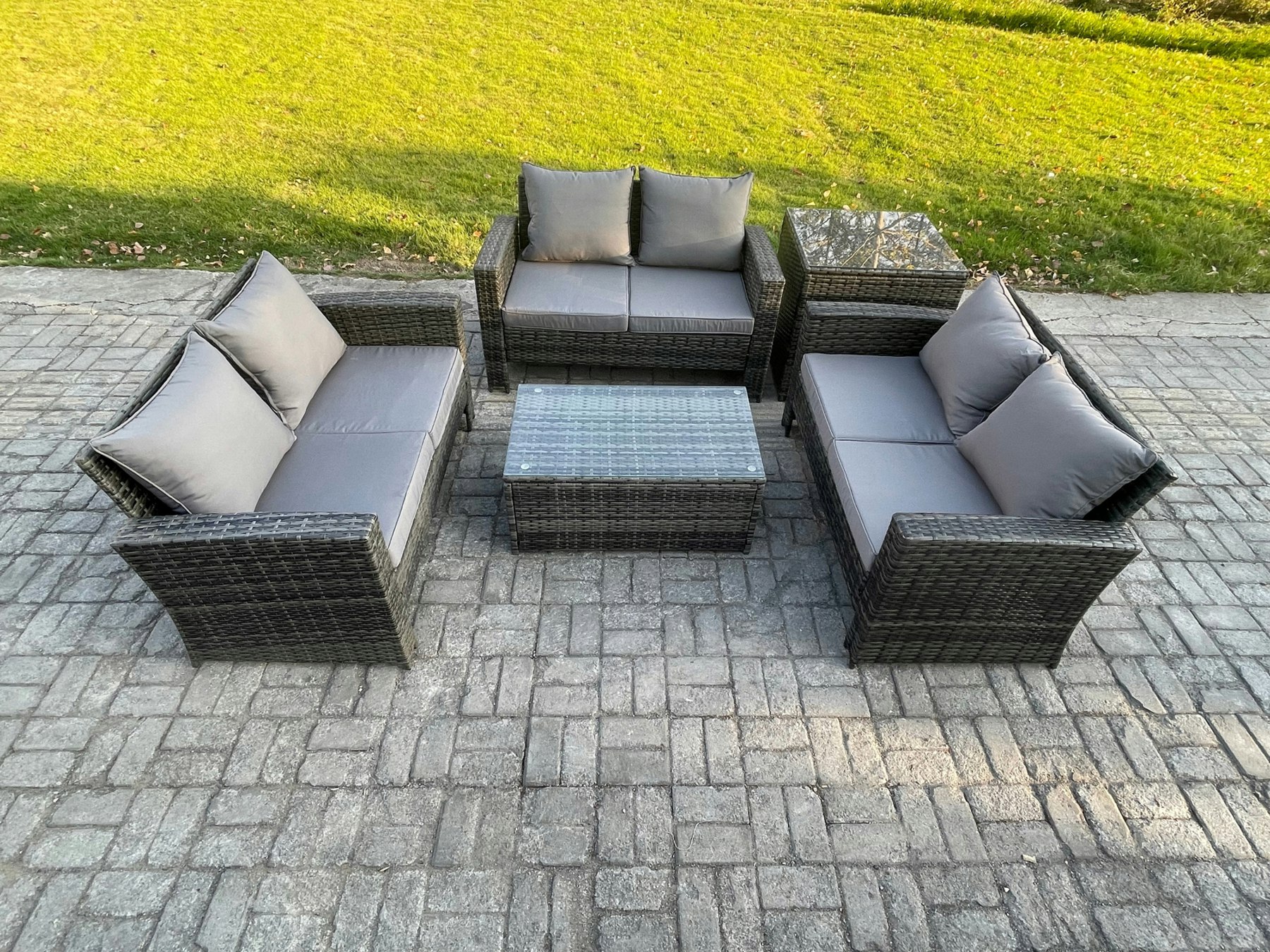 Rackhams Dark/Grey 6 Seater Outdoor Rattan Garden Furniture Set Patio Love Sofa Rectangular Coffee Table Set With Side Table