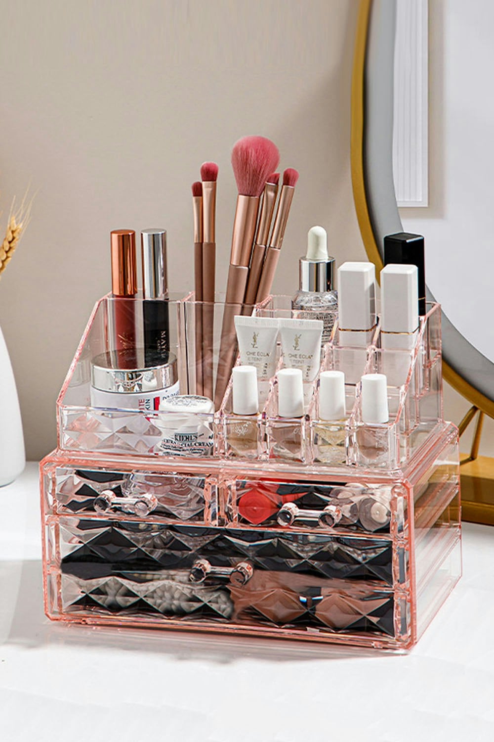 Living And Home Pink Tiered Makeup Organizer Cosmetic Storage Case With Drawers
