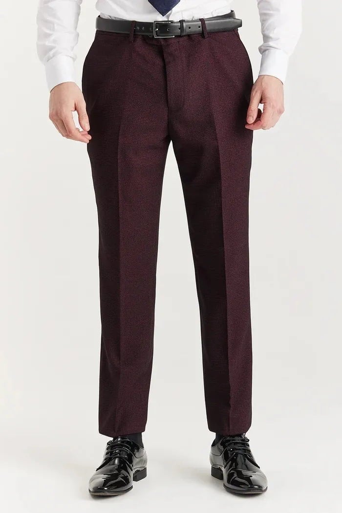 Paul Andrew Men's Burgundy Regent - Wine Plaid Check Trousers - 32W 32L