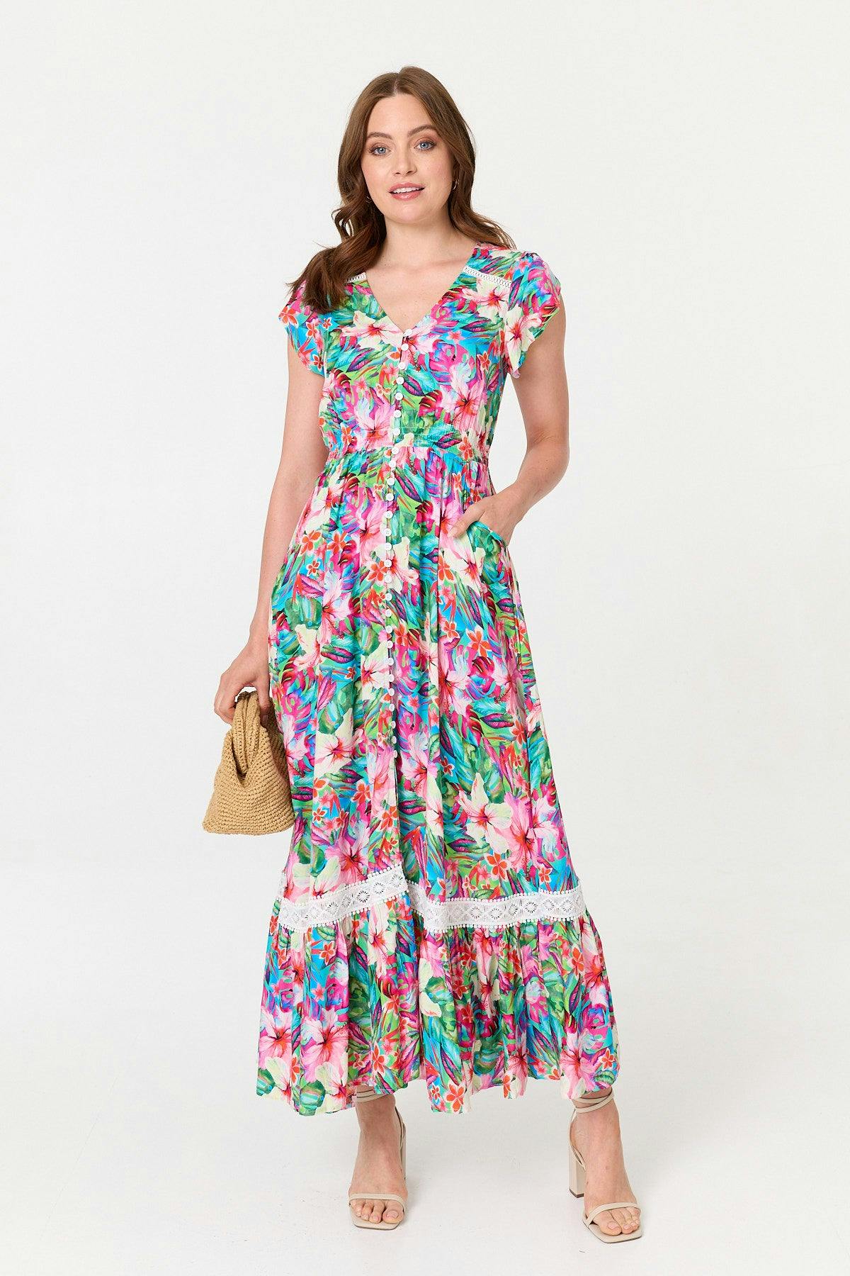 Izabel London Pink Floral Cap Sleeve Buttoned Maxi Dress - 14