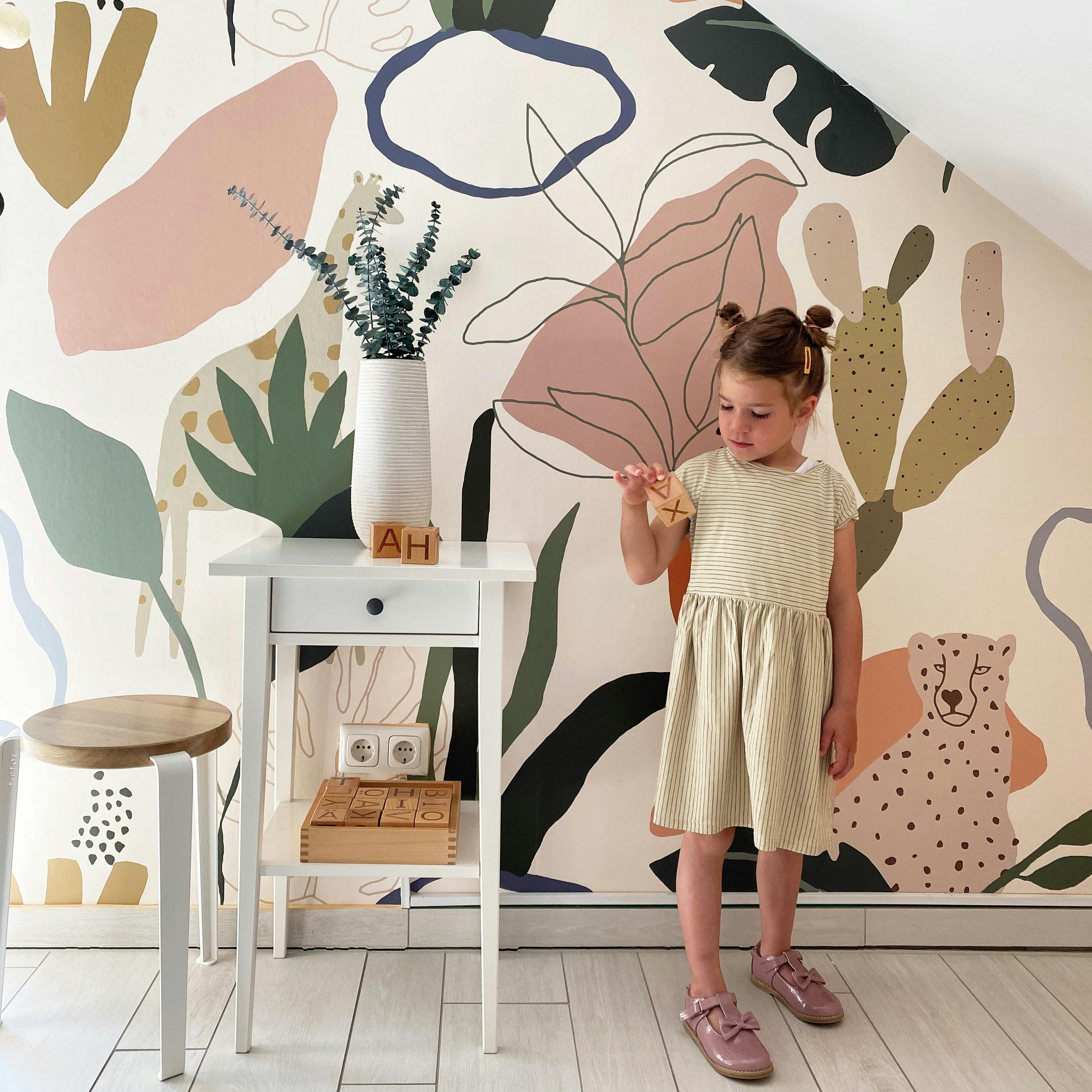 Roomblush Green Nursery Safari Jungle Kids Eco 4 Lane Repeatable Wallpaper Mural 200 X 285Cm, Taupe Multi