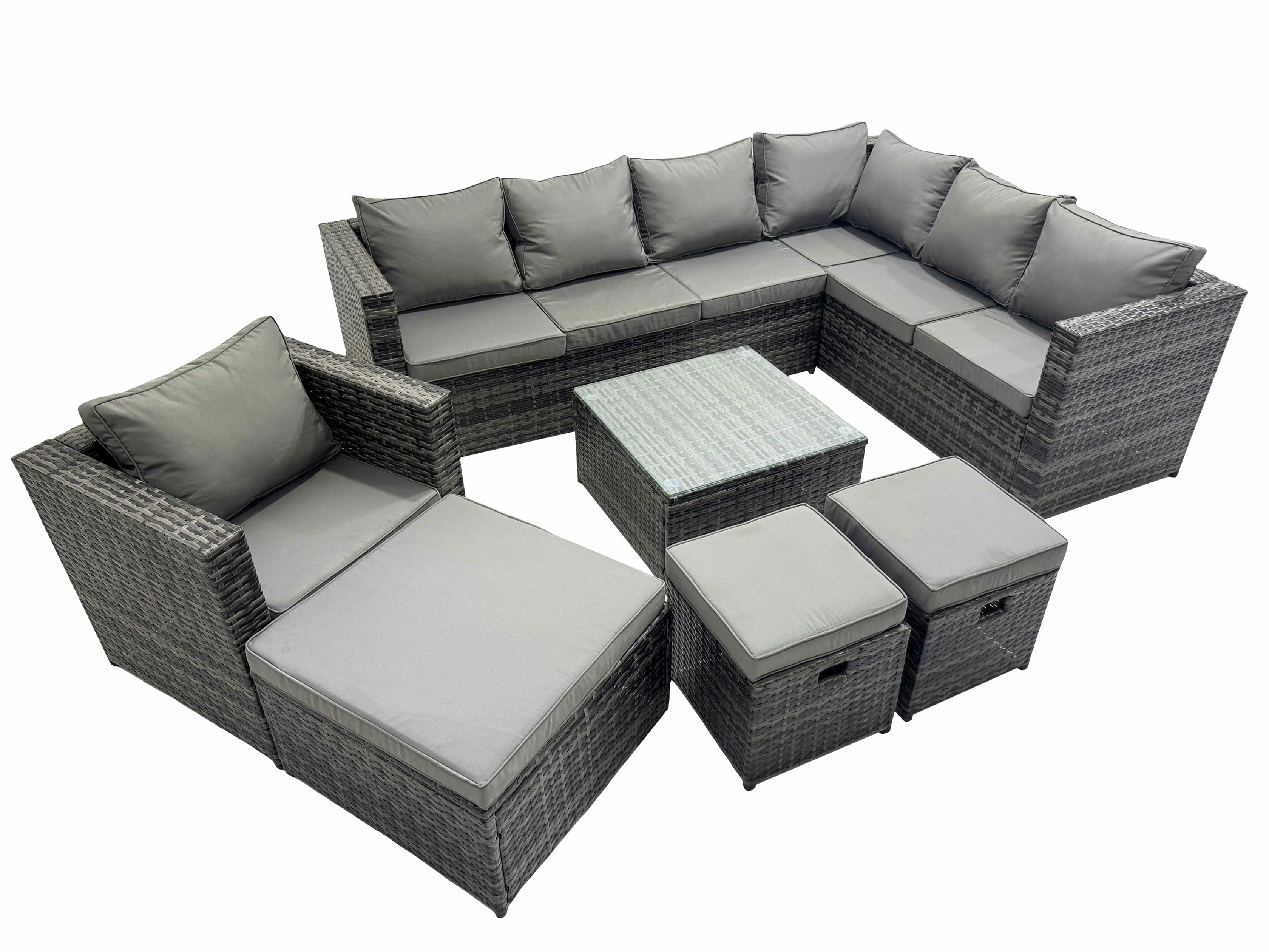 Rackhams Dark/Grey Outdoor Pe Rattan Garden Furniture Sofa Set With Square Coffee Table Chair 3 Stools