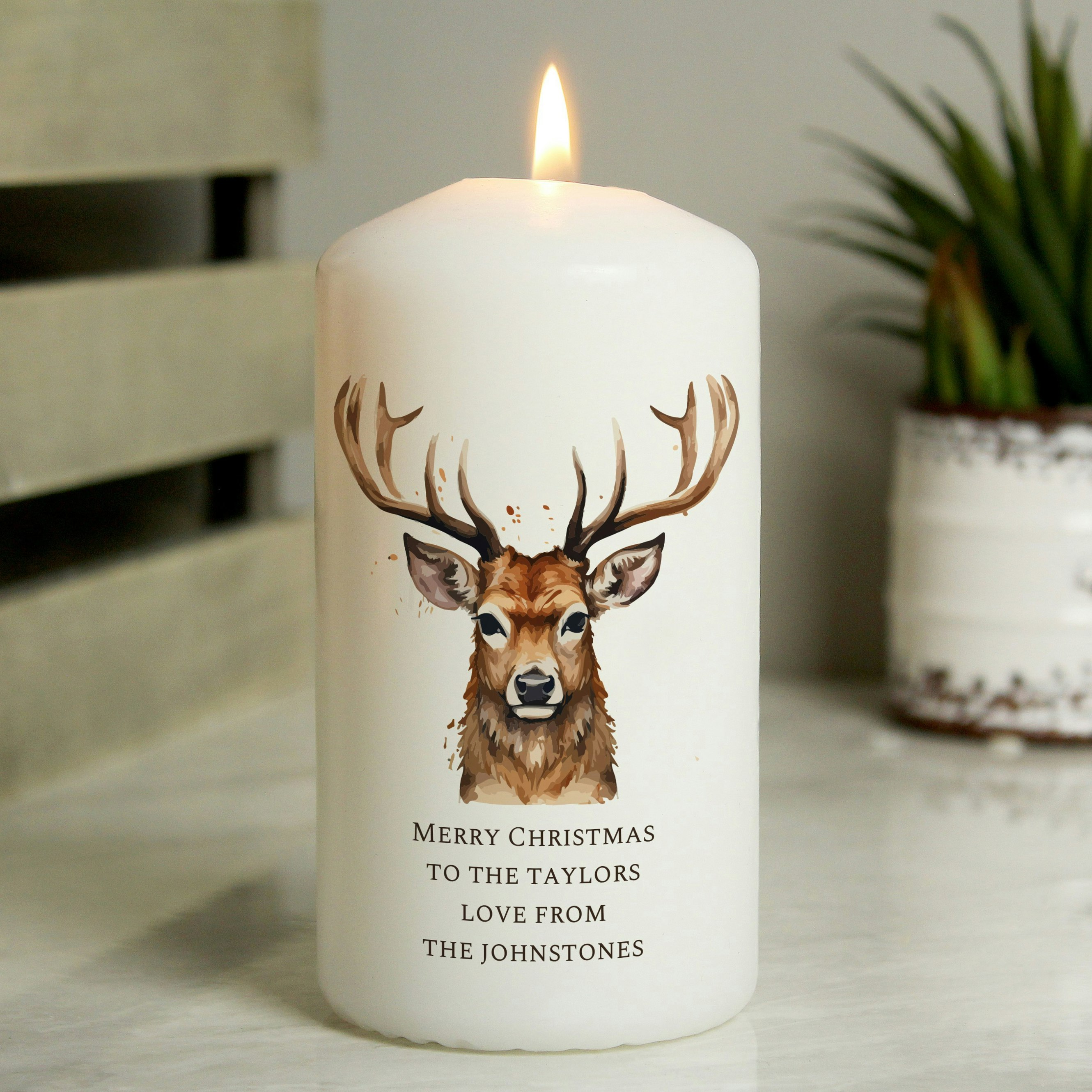 Rackhams Light Personalised Watercolour Stag Pillar Candle