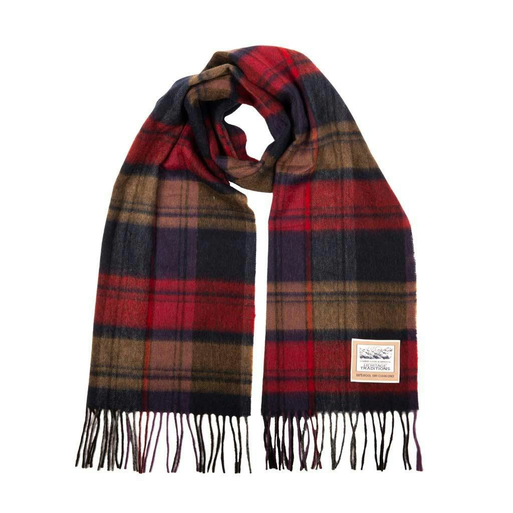 Heritage Traditions Red/Gold Pure Wool Check Scarf - Navy And