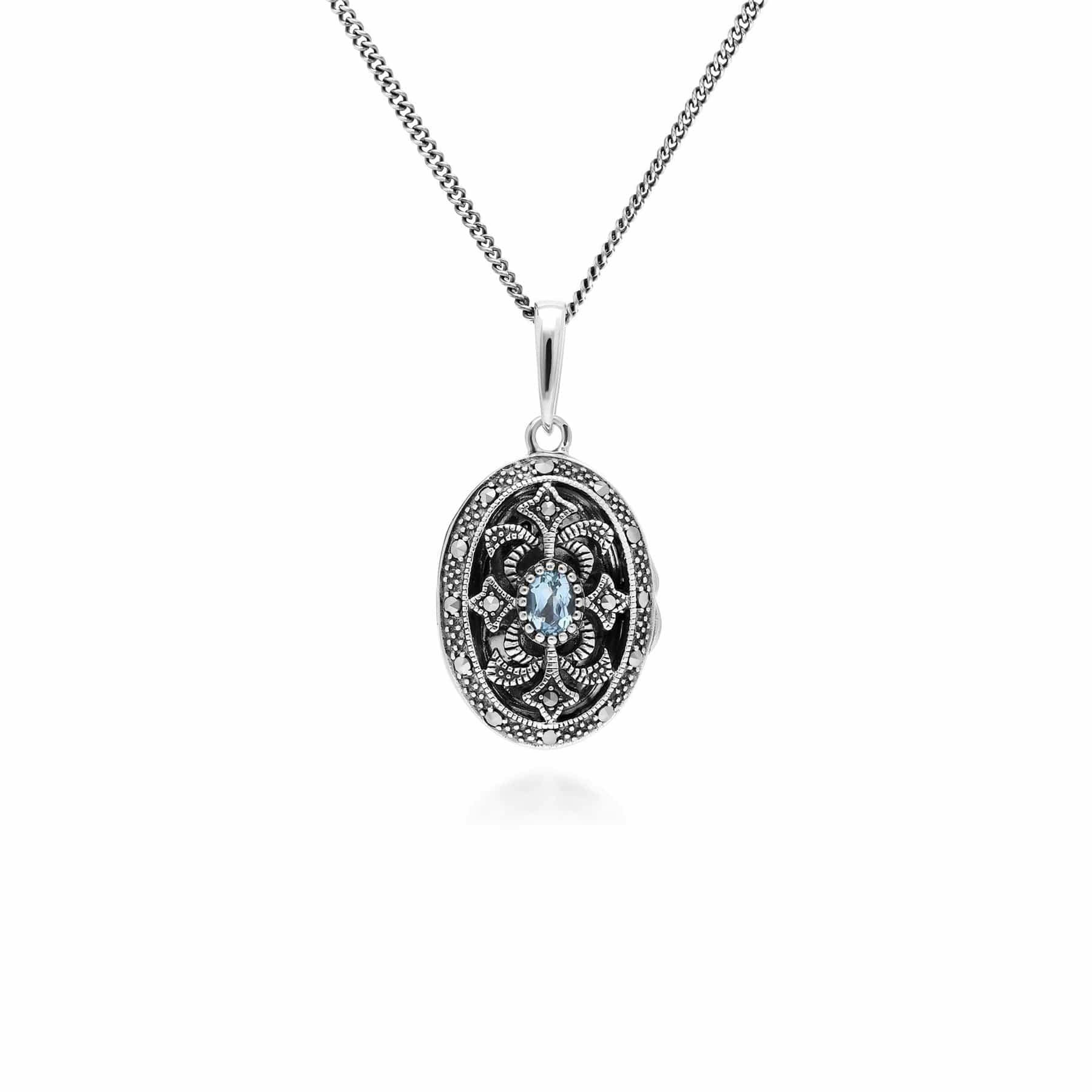Gemondo Silver Art Nouveau Style Oval Aquamarine & Marcasite Locket Necklace In 925 Sterling
