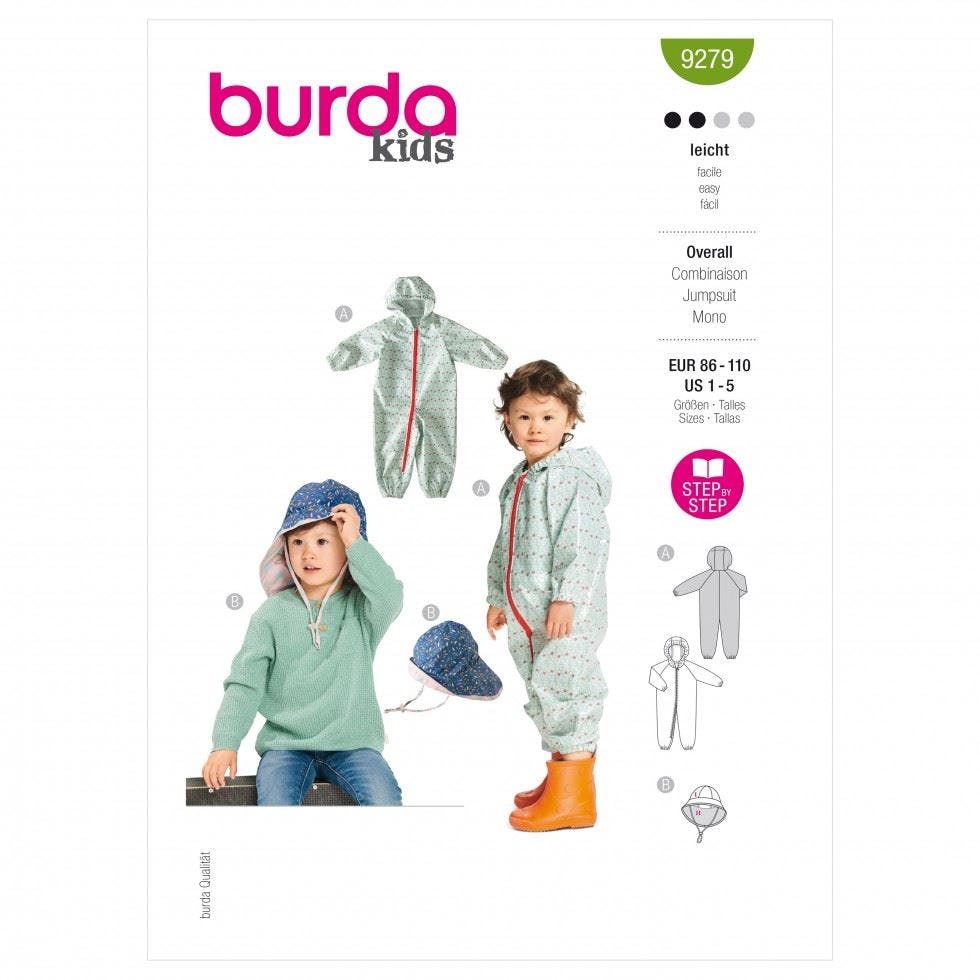 Burda Sewing Pattern 9279 Onesies And Headwear For Kids, 86 To 110 - Easy