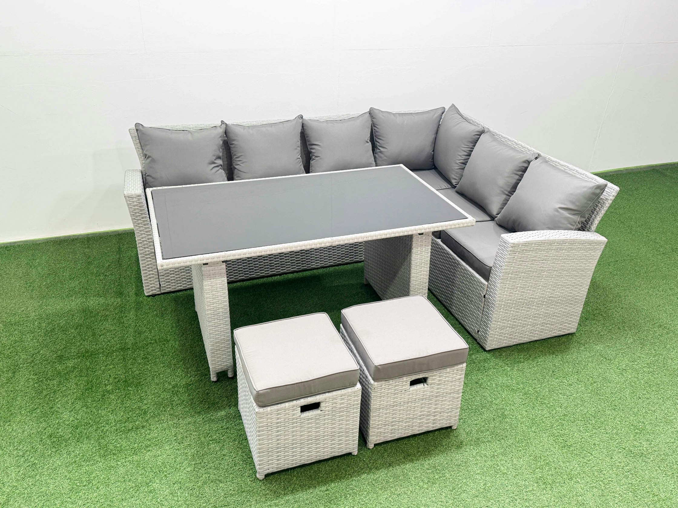 Rackhams Light/Grey Outdoor Garden Furniture Sets 8 Seater Wicker Rattan Corner Sofa Sets With Rectangular Dining Table Lounge Sofa 2 Small Footstools