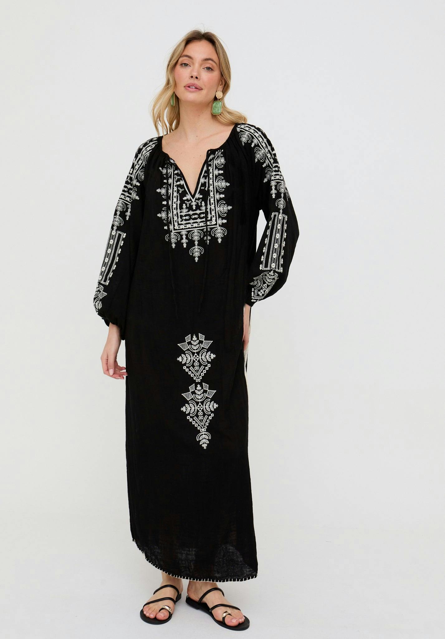 Raffya Black Aurelia Kaftan Style Embroidered Maxi Dress In - 16